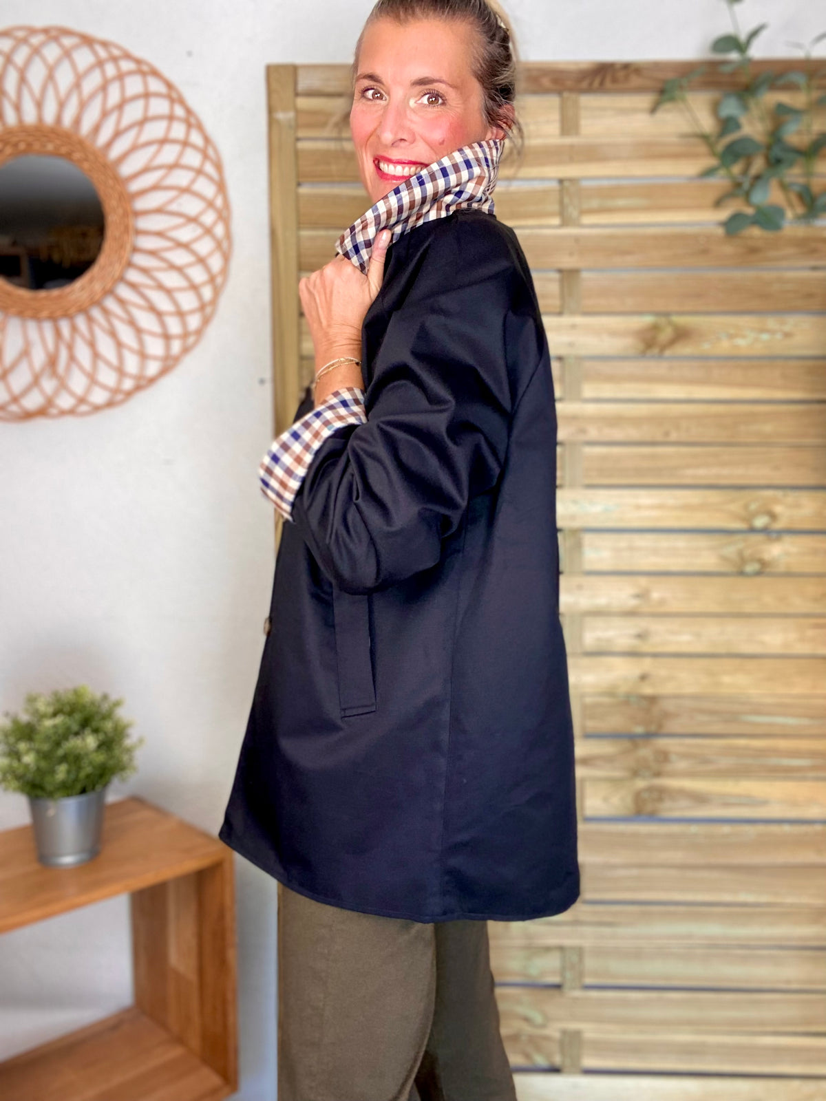 Veste Trench mi long réversible vichy LENA Noir - FIN DE SÉRIE