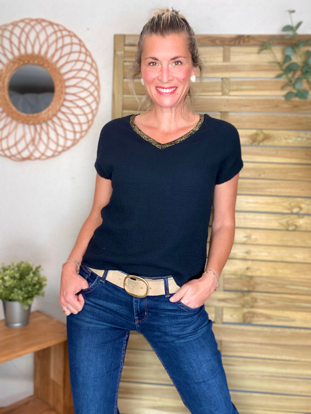 Top en gaze de coton et lurex MARTA - Noir