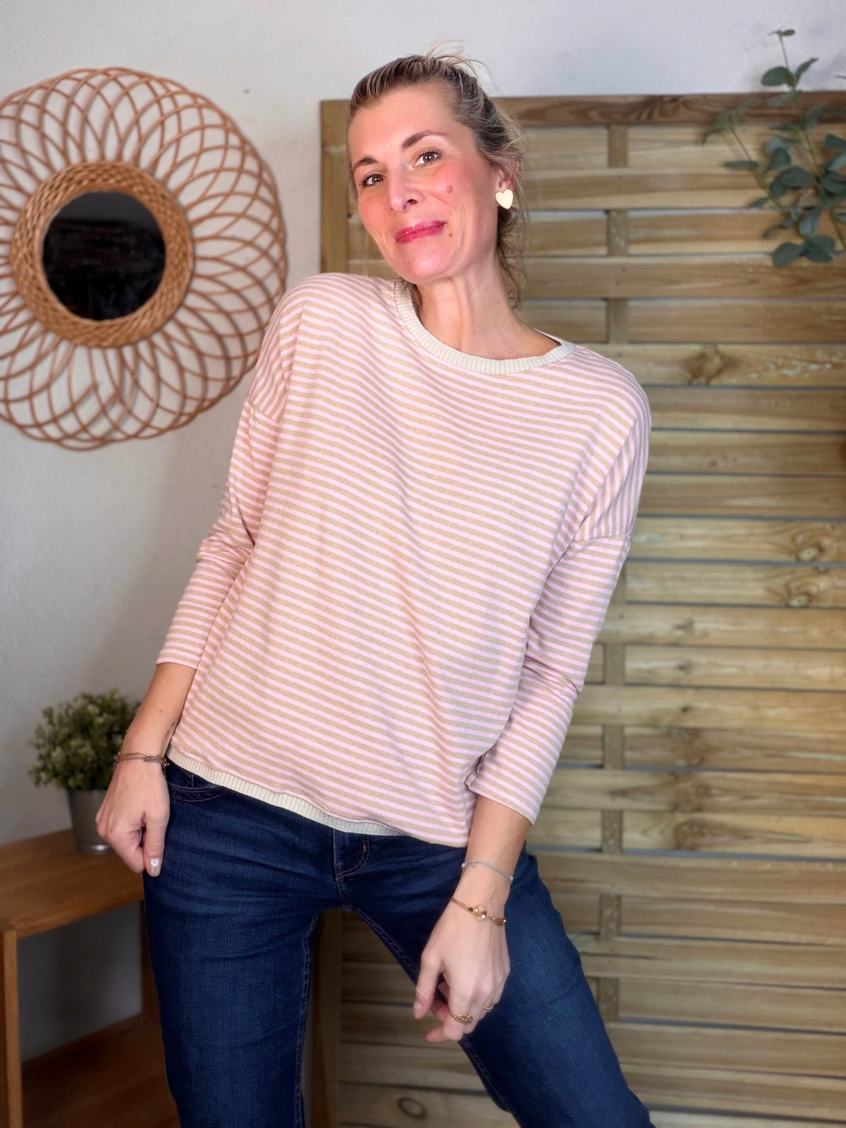 Pull fin rayé ample ROMANE - Rose/Taupe - FIN DE SÉRIE
