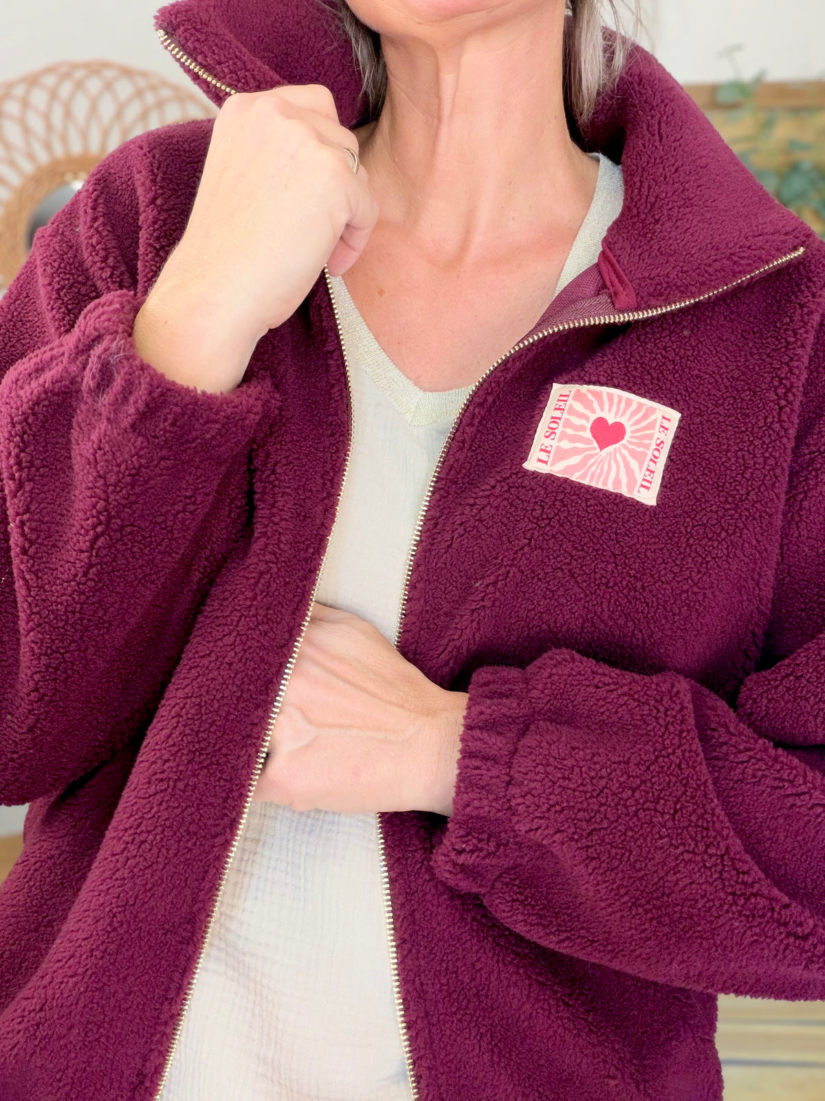 ⚡️ARRIVAGE • Veste teddy Sherpa zippée « Soleil » DORO Bordeaux