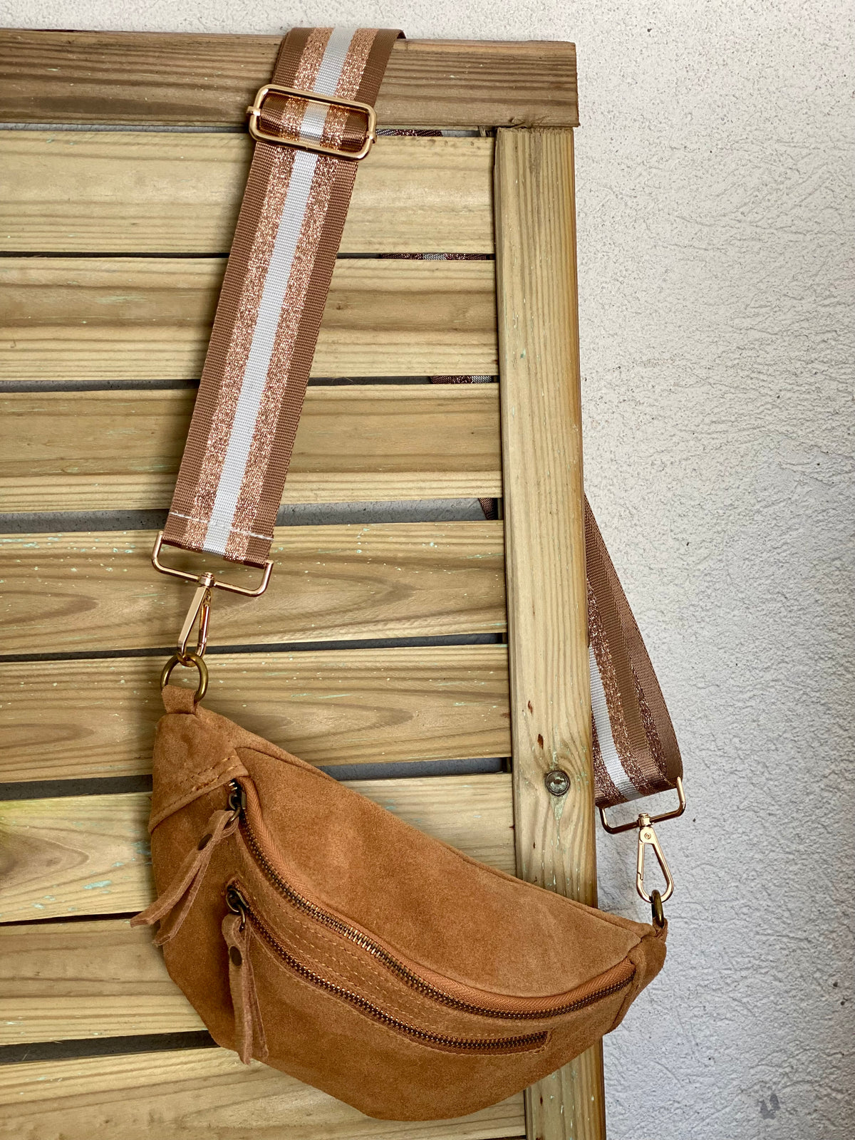 Sac banane double poche en cuir daim - OPALINE - Camel