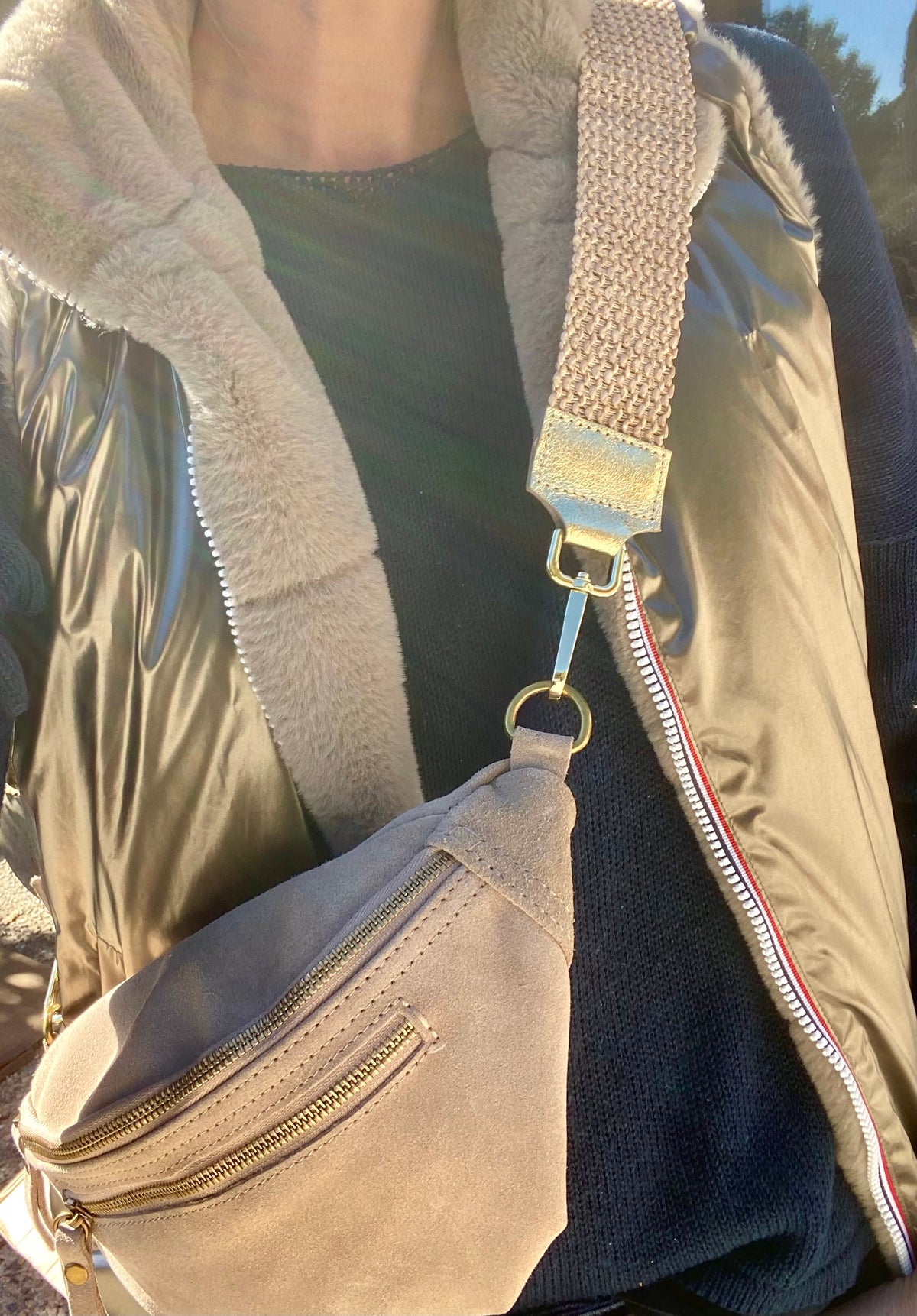 Sac banane double poche en cuir daim - OPALINE - Beige