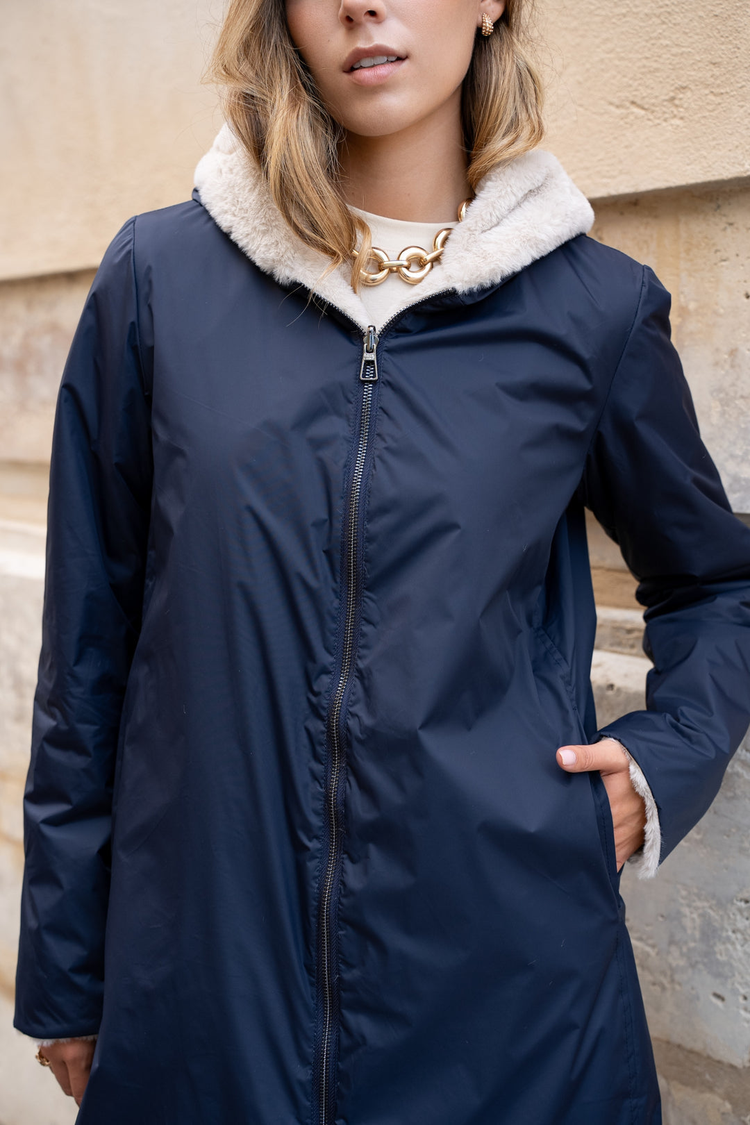LAURA JO - Parka Imperméable réversible fourrée Bleu marine / Beige ALIX Long