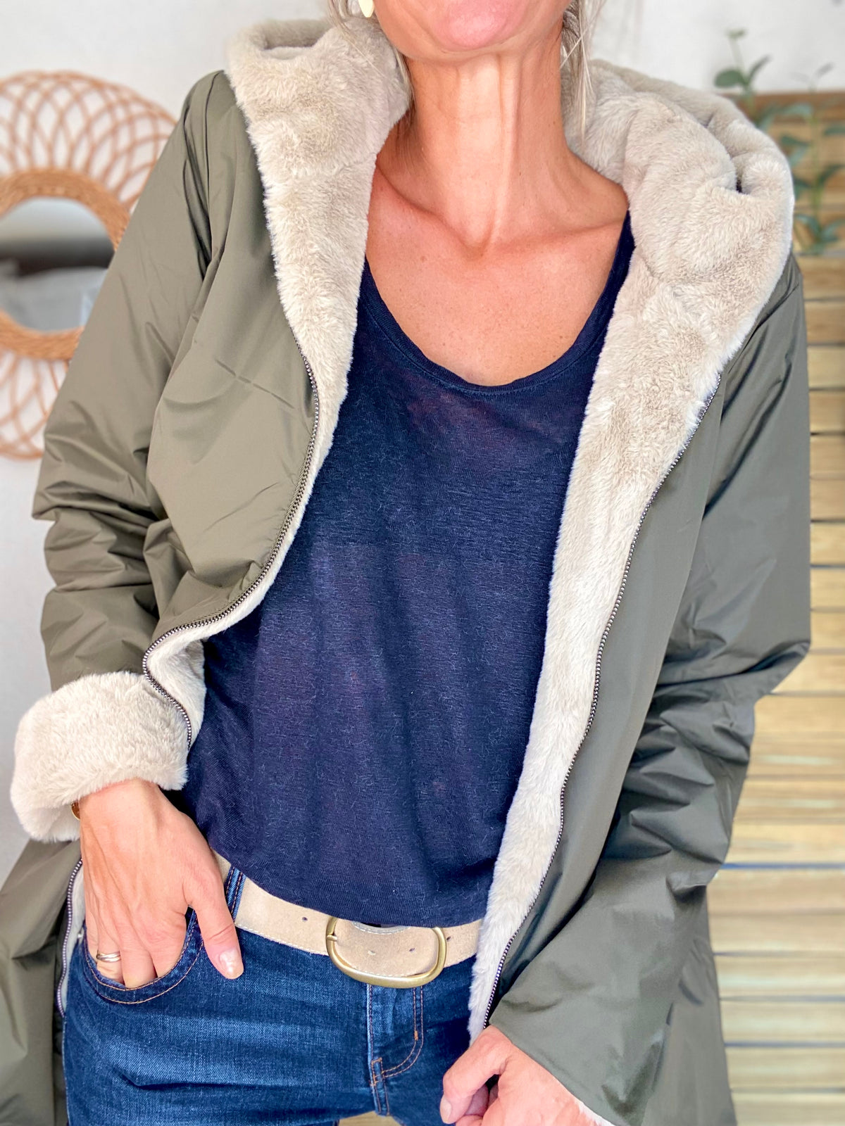 LAURA JO - Parka Imperméable réversible fourrée Kaki / Beige ALIX Long