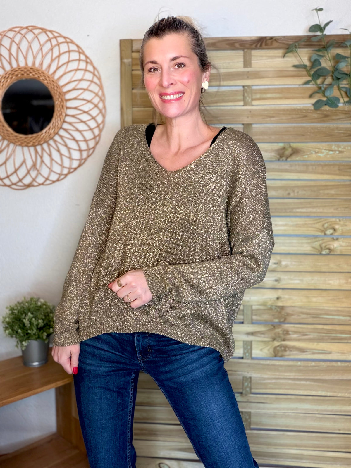 Pull maille lurex et étoile ⭐️ POLLY - Kaki / Doré - FIN DE SÉRIE