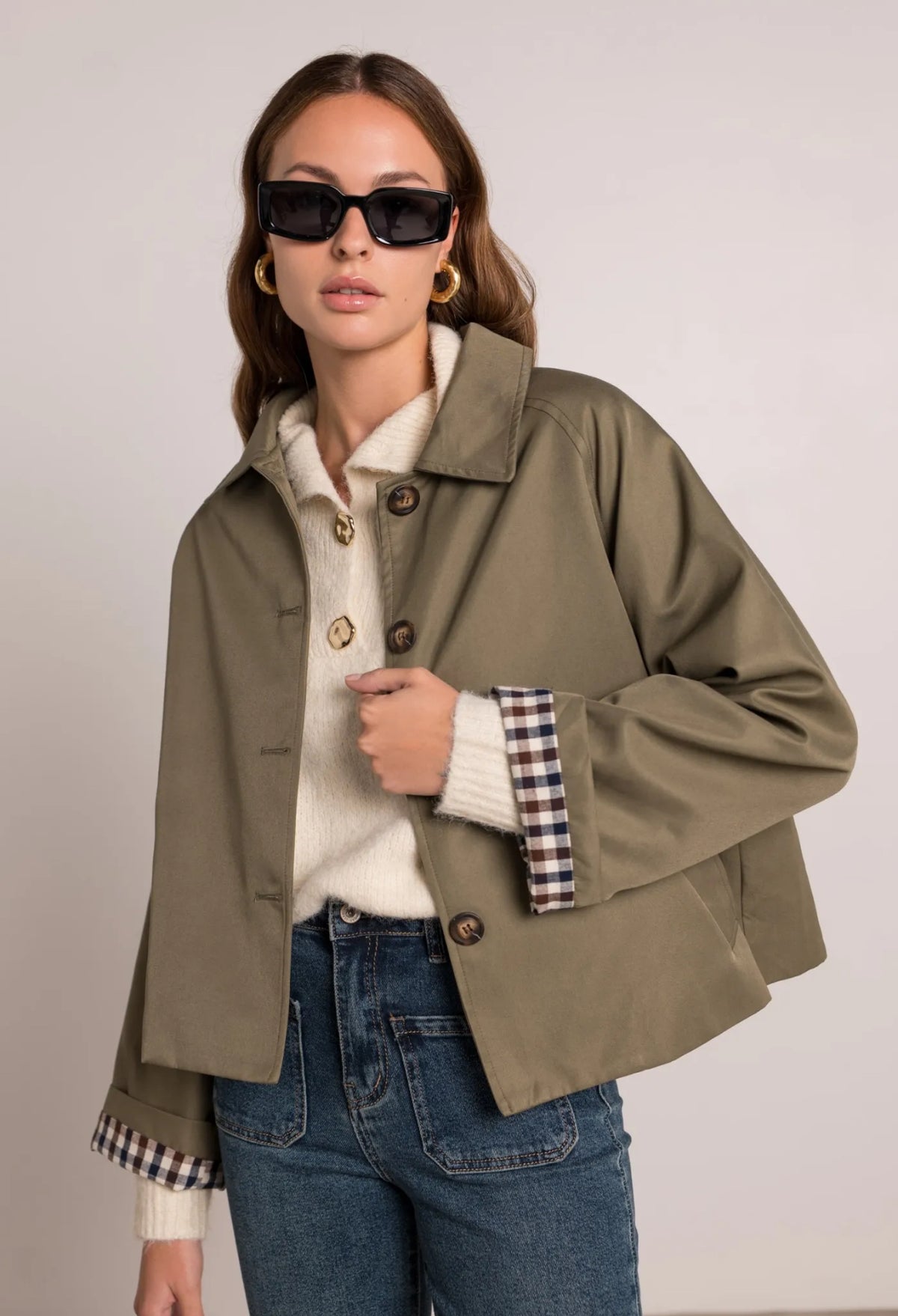 Veste Trench en coton, revers carreaux - YSEULT court Kaki