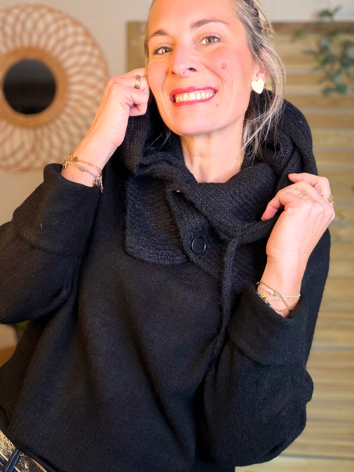 Col cagoule LORIE en maille avec boutons - Noir
