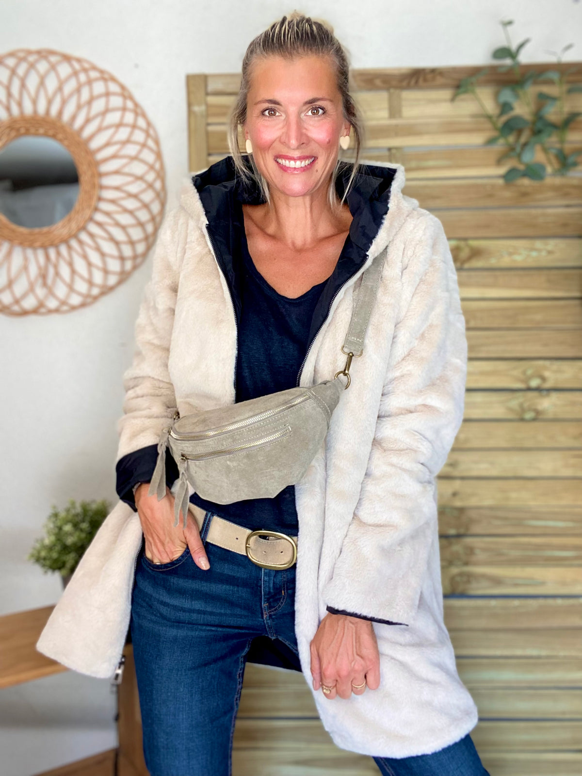 LAURA JO - Parka Imperméable réversible fourrée Noir / Beige ALIX long