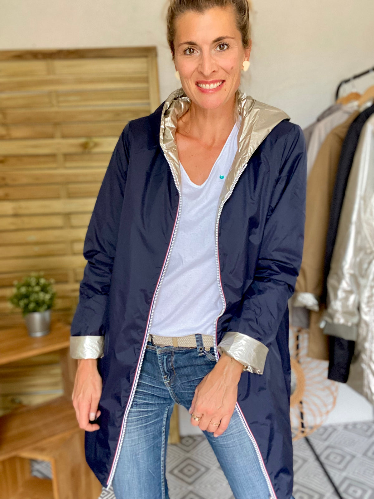 LAURA JO - Imperméable réversible rembourré LOUISON LONG - Marine/Doré