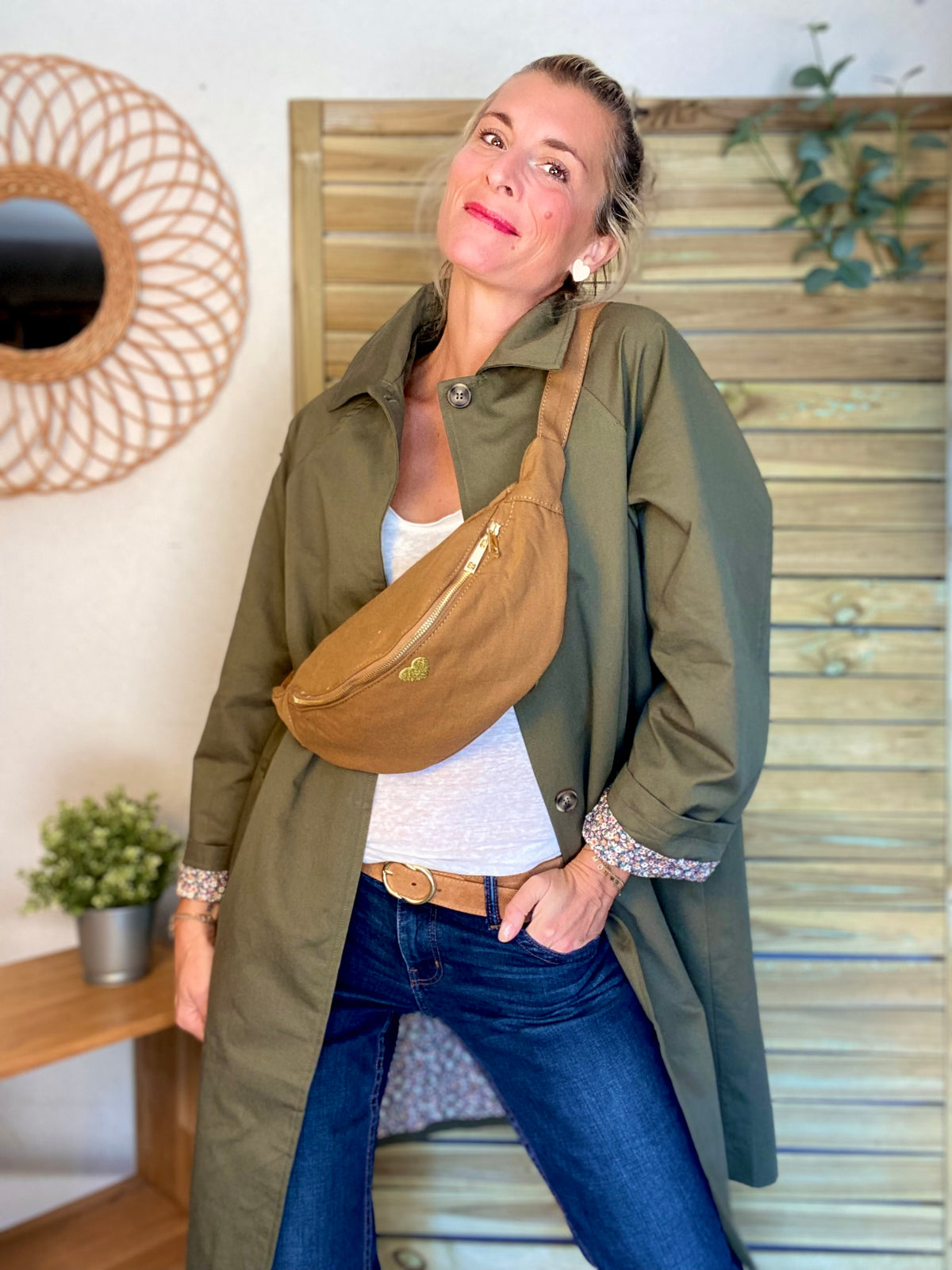 Veste Trench en coton kaki avec Liberty - MAHAUT MI LONG - LILI et LALA • DÉSTOCKAGE sur Taille S