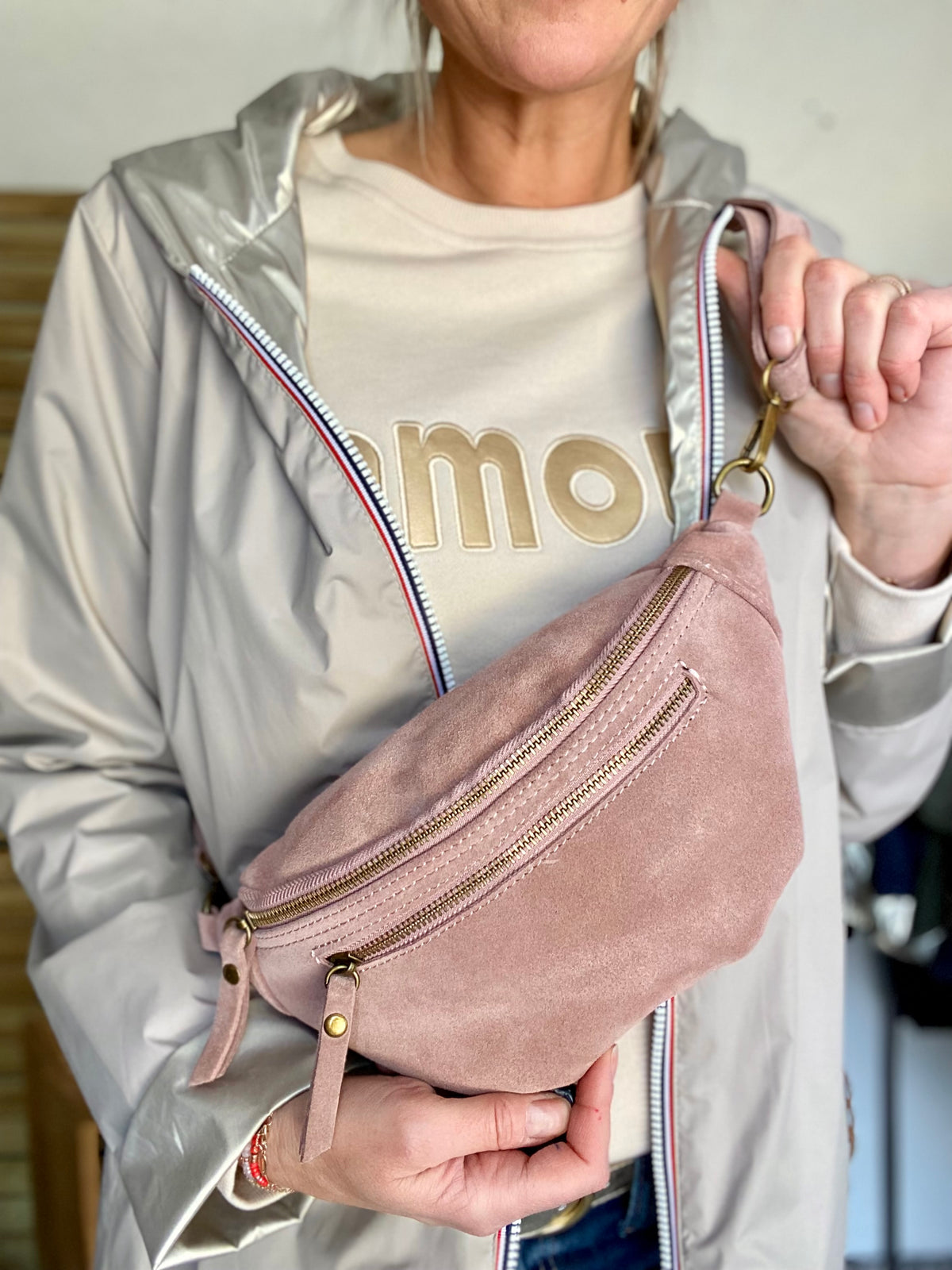 Sac banane double poche en cuir daim - OPALINE - Rose clair / Vieux rose
