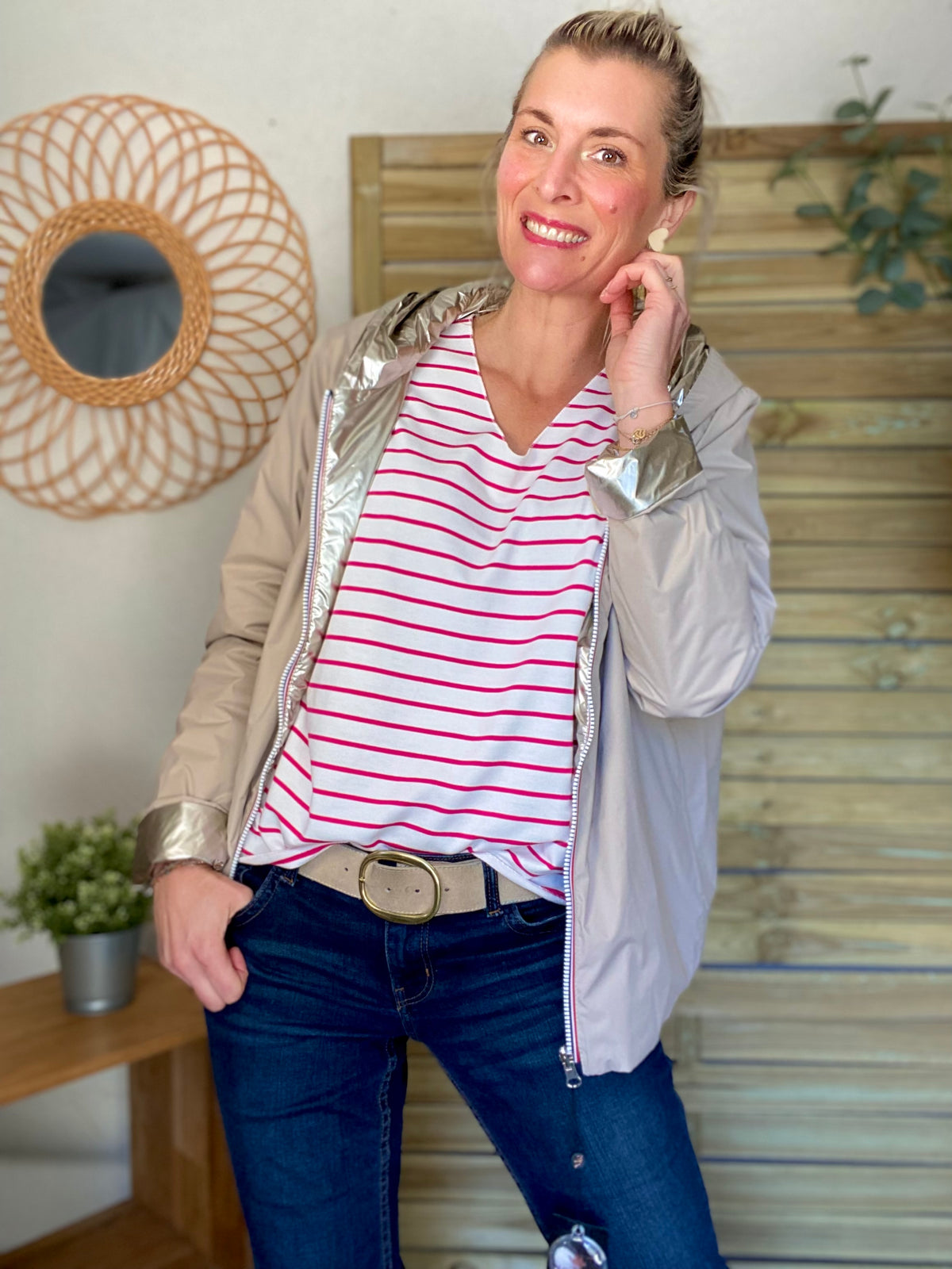 Pull fin rayé col V avec ou sans coeur doré 💛 NOLWENN - Rose fuschia