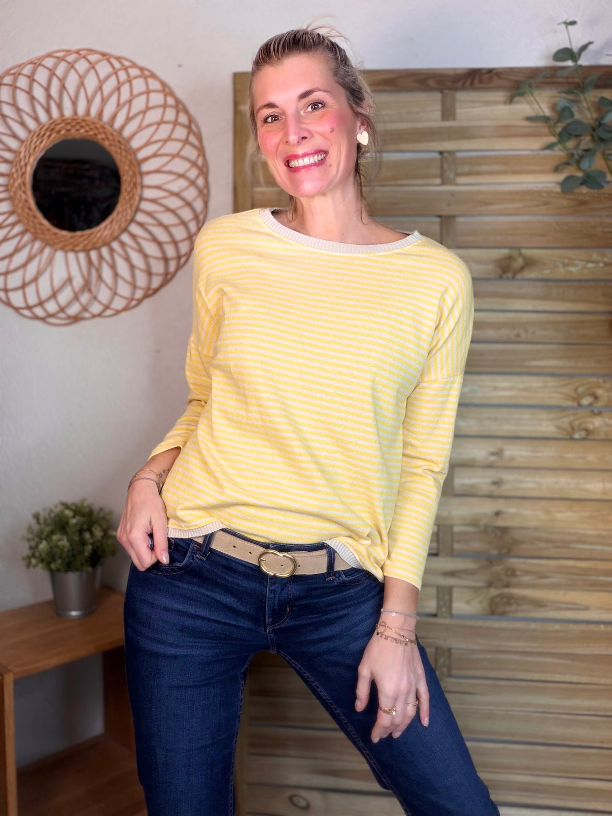 Pull fin rayé ample ROMANE - Jaune/Beige - FIN DE SÉRIE