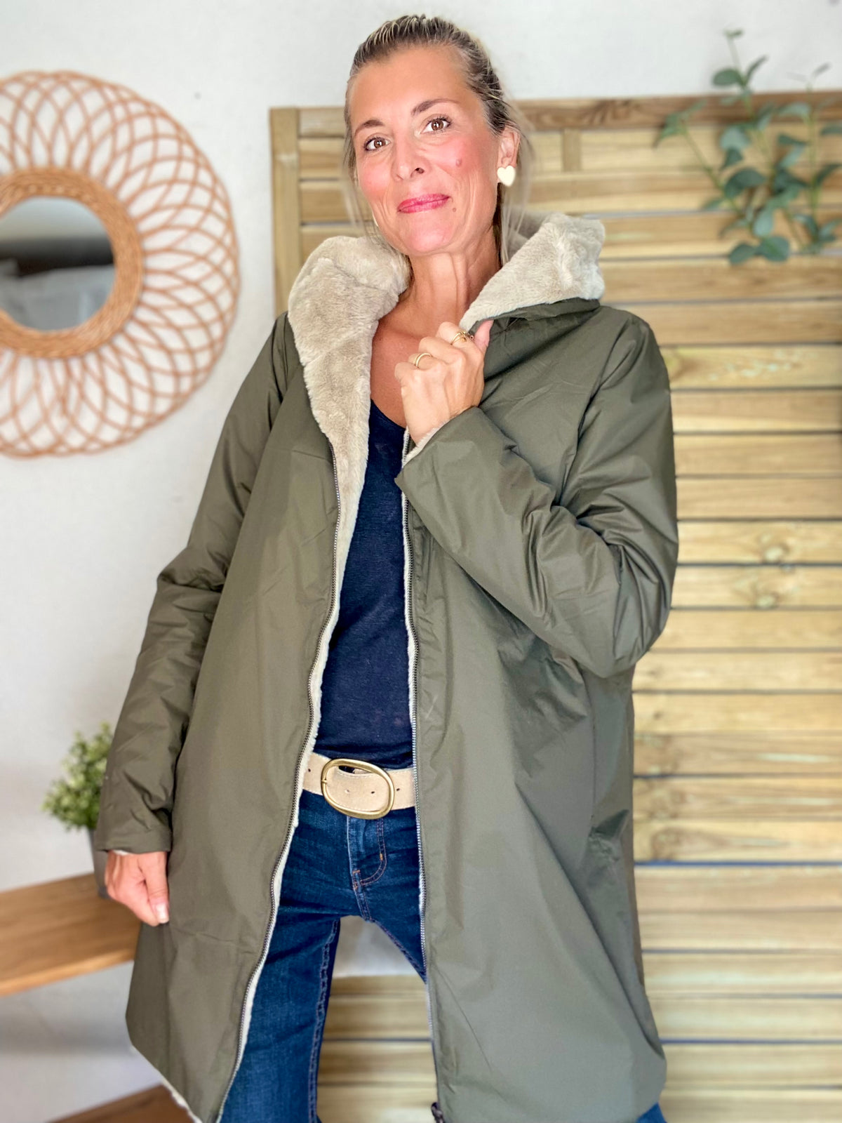 LAURA JO - Parka Imperméable réversible fourrée Kaki / Beige ALIX Long