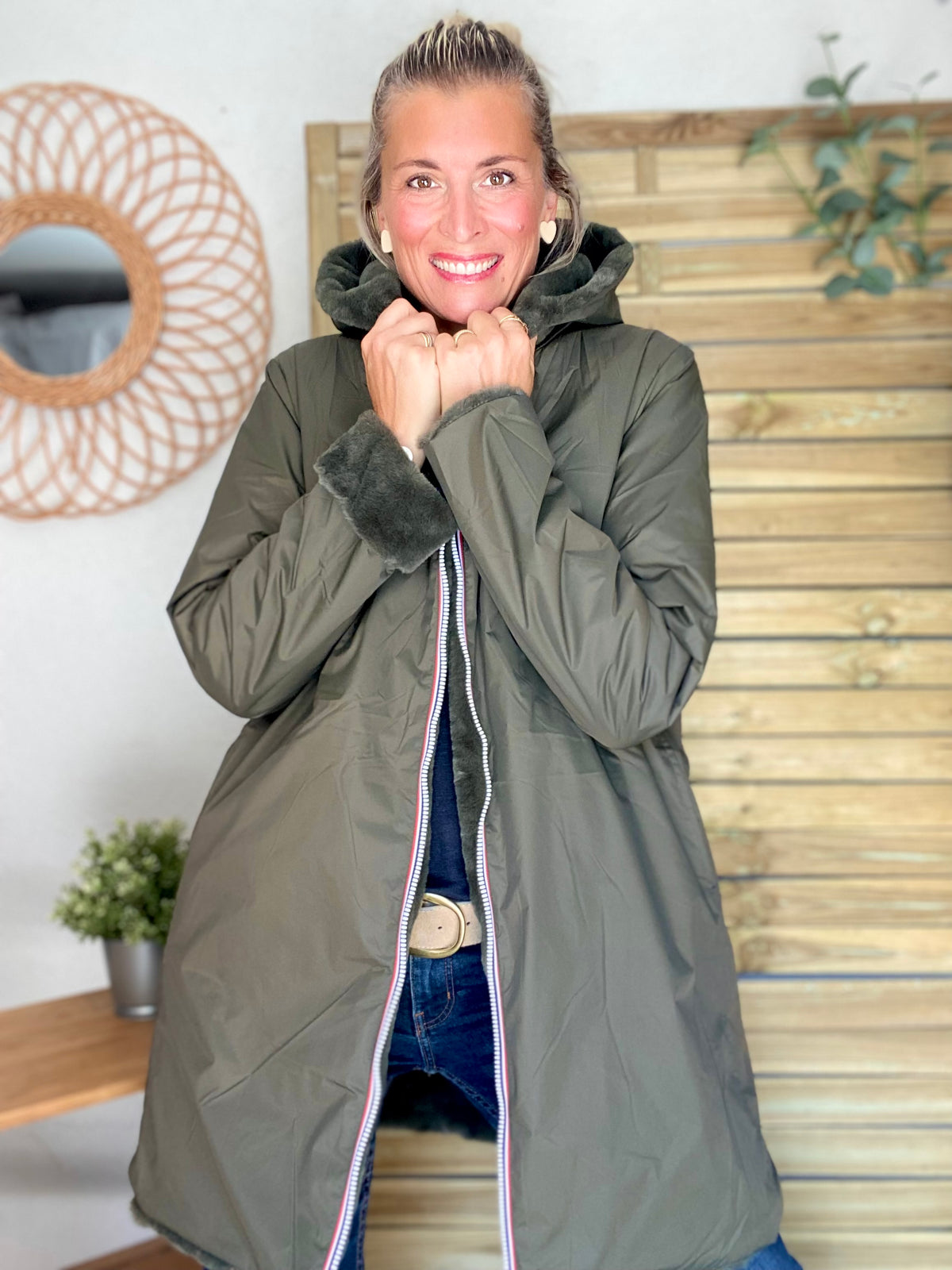 LAURA JO - Parka Imperméable réversible fourrée Kaki / Kaki ALIX Long • DÉSTOCKAGE sur Taille S