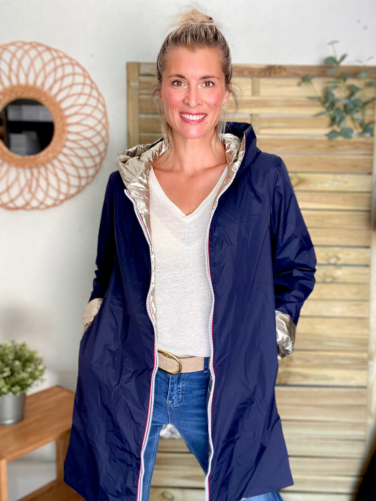 LAURA JO - Imperméable réversible rembourré LOUISON LONG - Marine/Doré