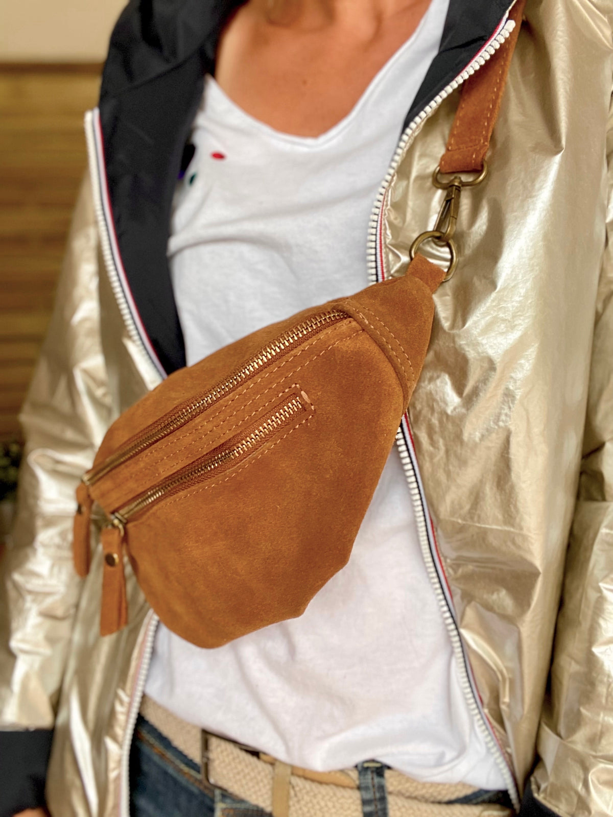 Sac banane double poche en cuir daim - OPALINE - Camel