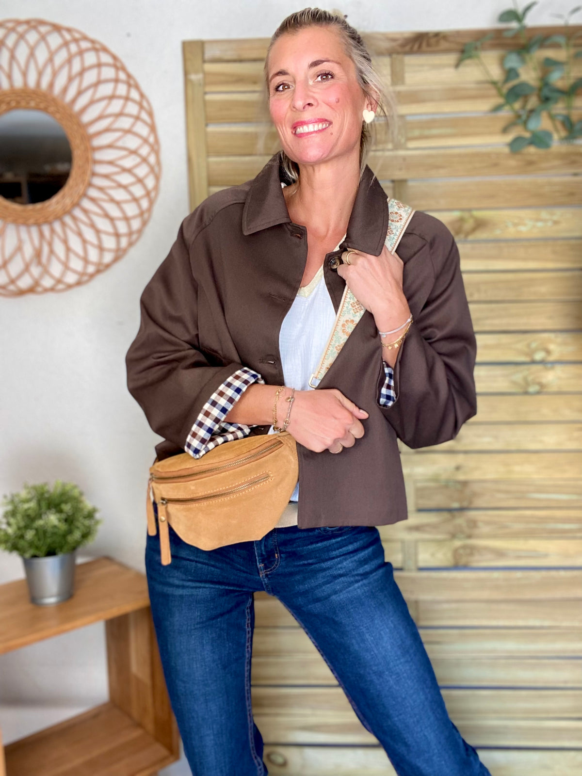 Veste Trench en coton, revers carreaux - YSEULT court Chocolat