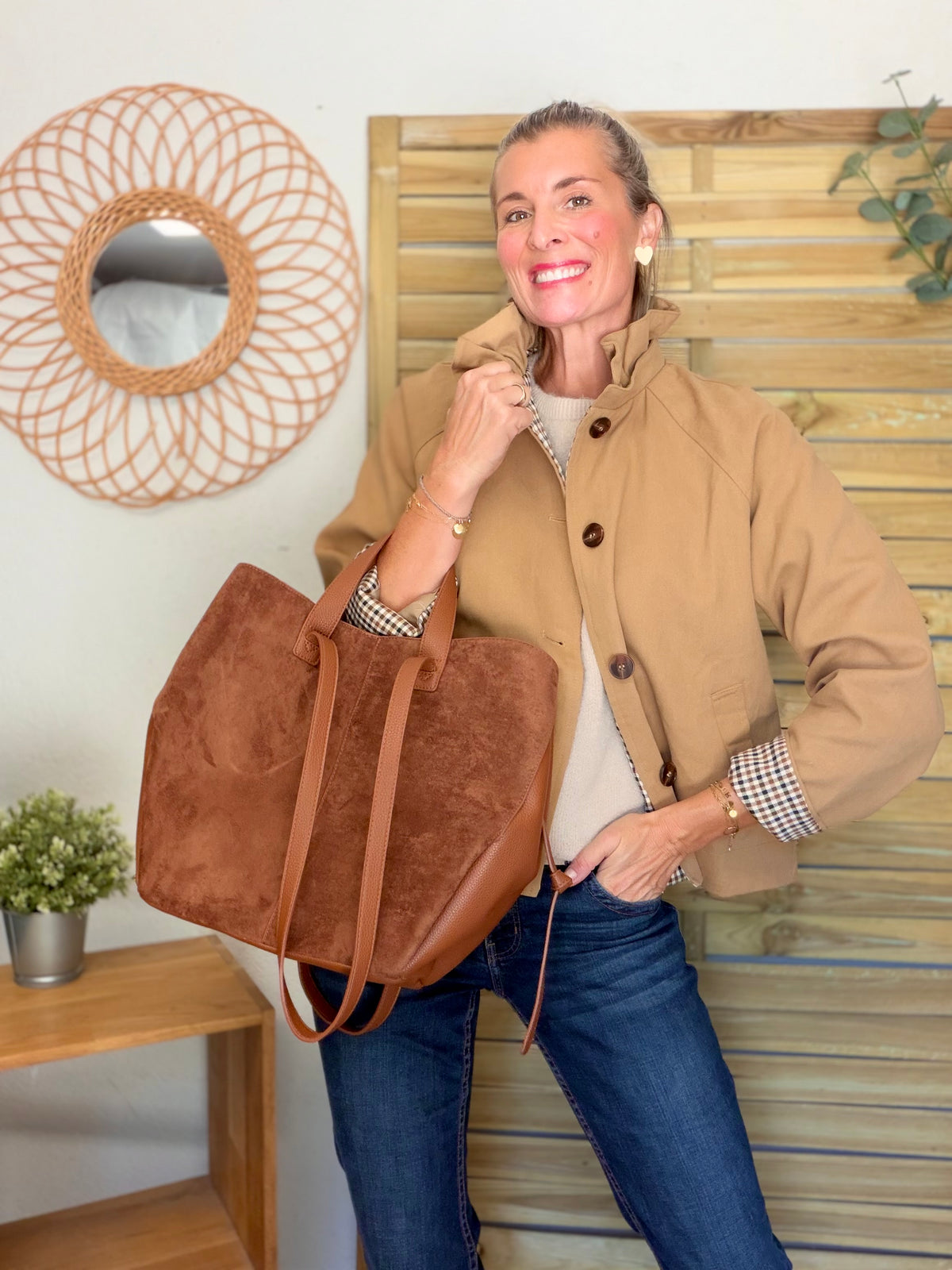 Grand Sac cabas 2 en 1 en simili daim - LAURÈNE Camel