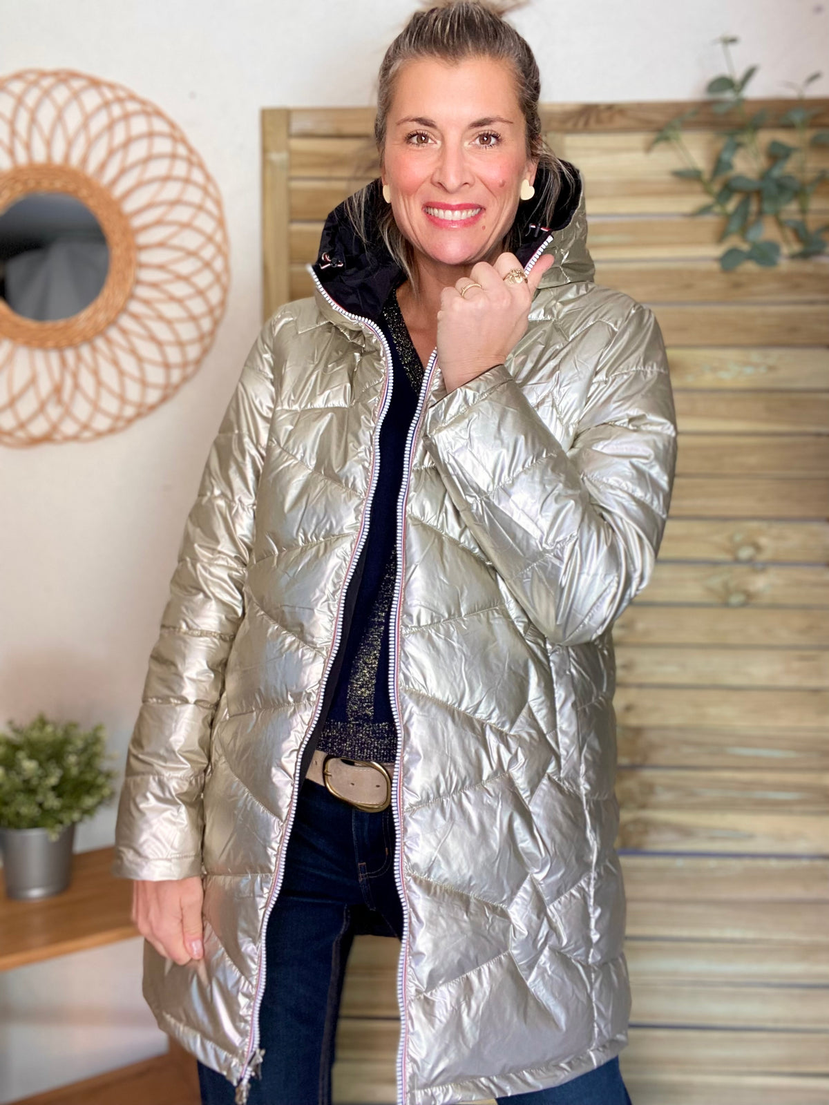 LAURA JO - Doudoune réversible imperméable longue INÈS - Noir / Doré - FIN DE SÉRIE