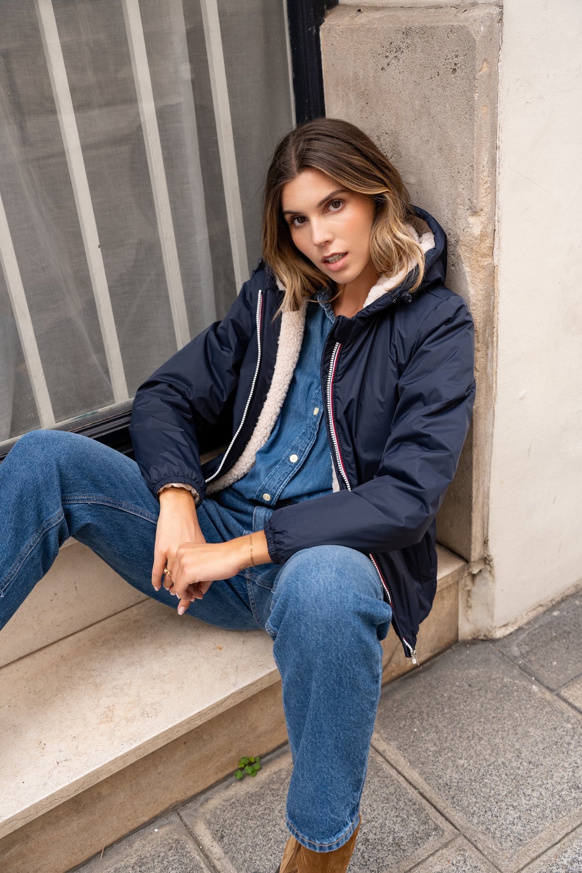 LAURA JO - Parka Imperméable LOUISE COURT sherpa - Bleu marine • DÉSTOCKAGE Taille L