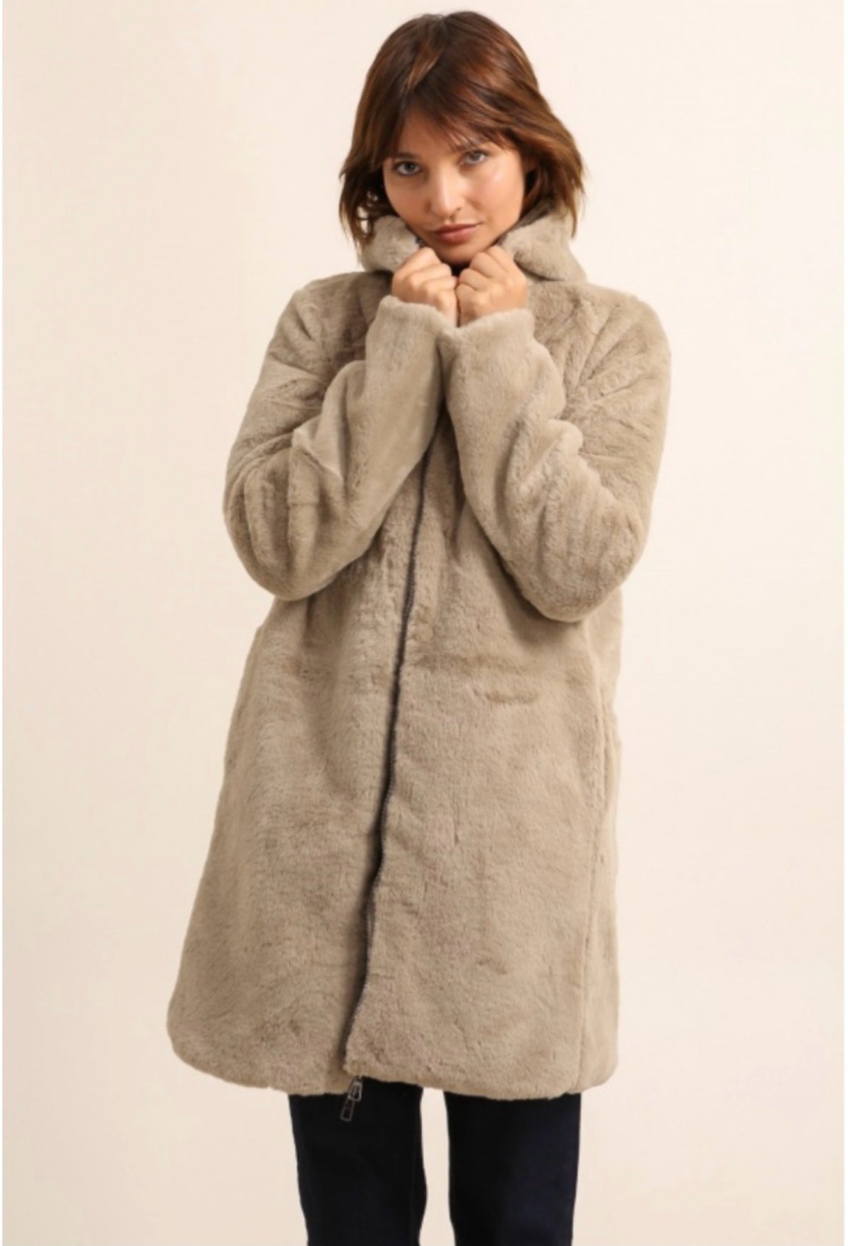 LAURA JO - Parka Imperméable réversible fourrée Bronze / Beige ALIX Long