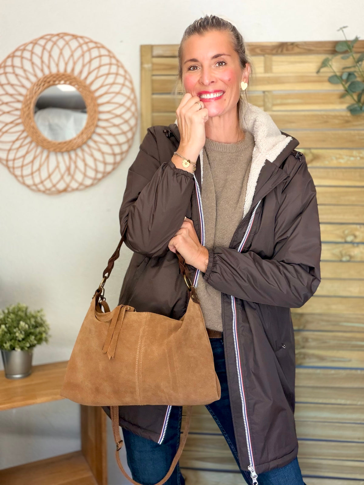 Sac hobo en cuir daim souple, double bandoulière ANDREW Camel clair