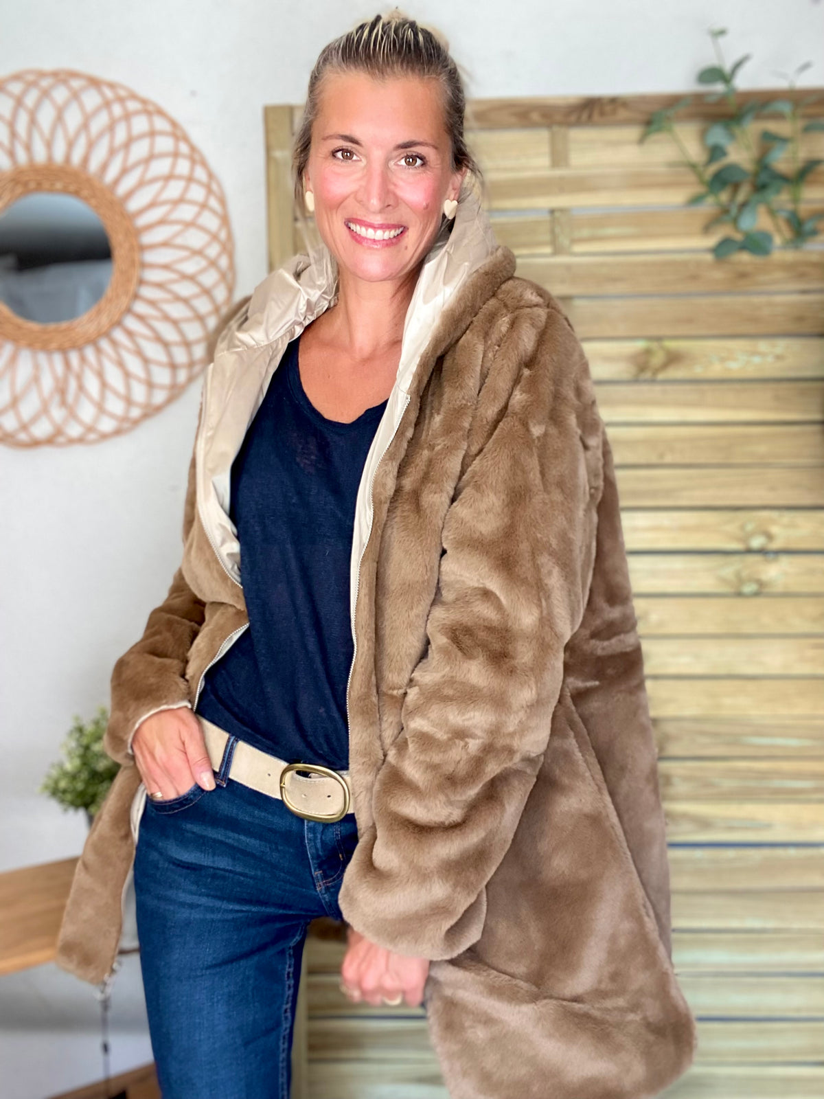 LAURA JO - Parka Imperméable réversible fourrée Sable irisé / Camel ALIX Long