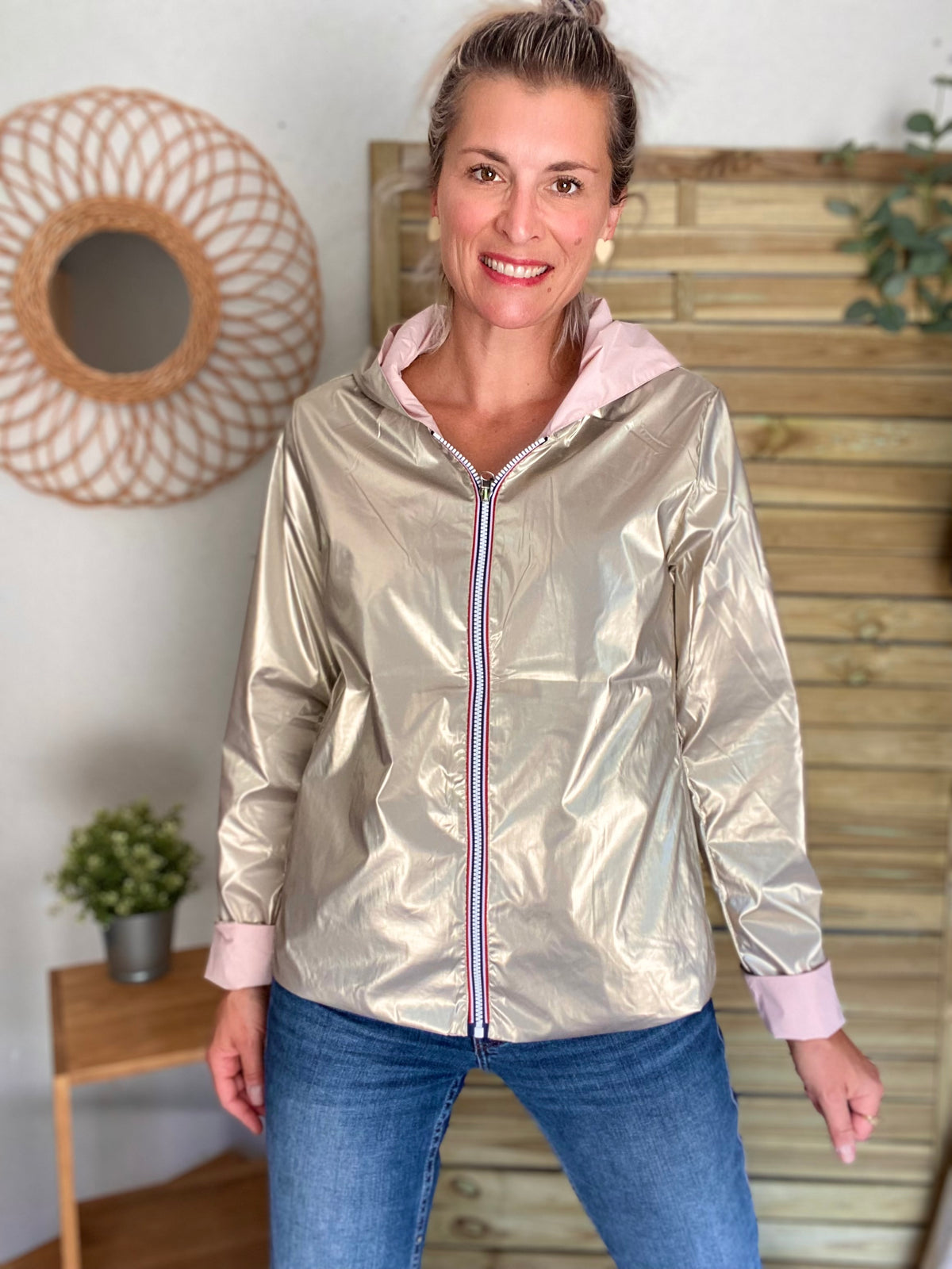 LAURA JO - Imperméable réversible léger GARANCE COURT - Rose/Doré • DÉSTOCKAGE sur Taille XL