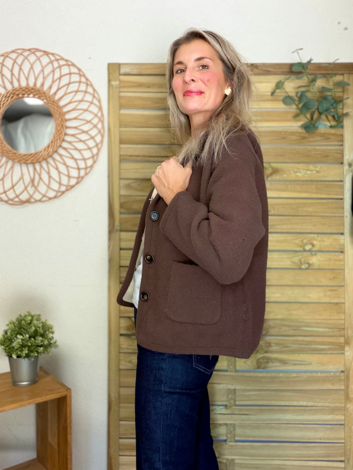 Veste / Gilet chaud réversible avec capuche ORIANE Choco / Beige