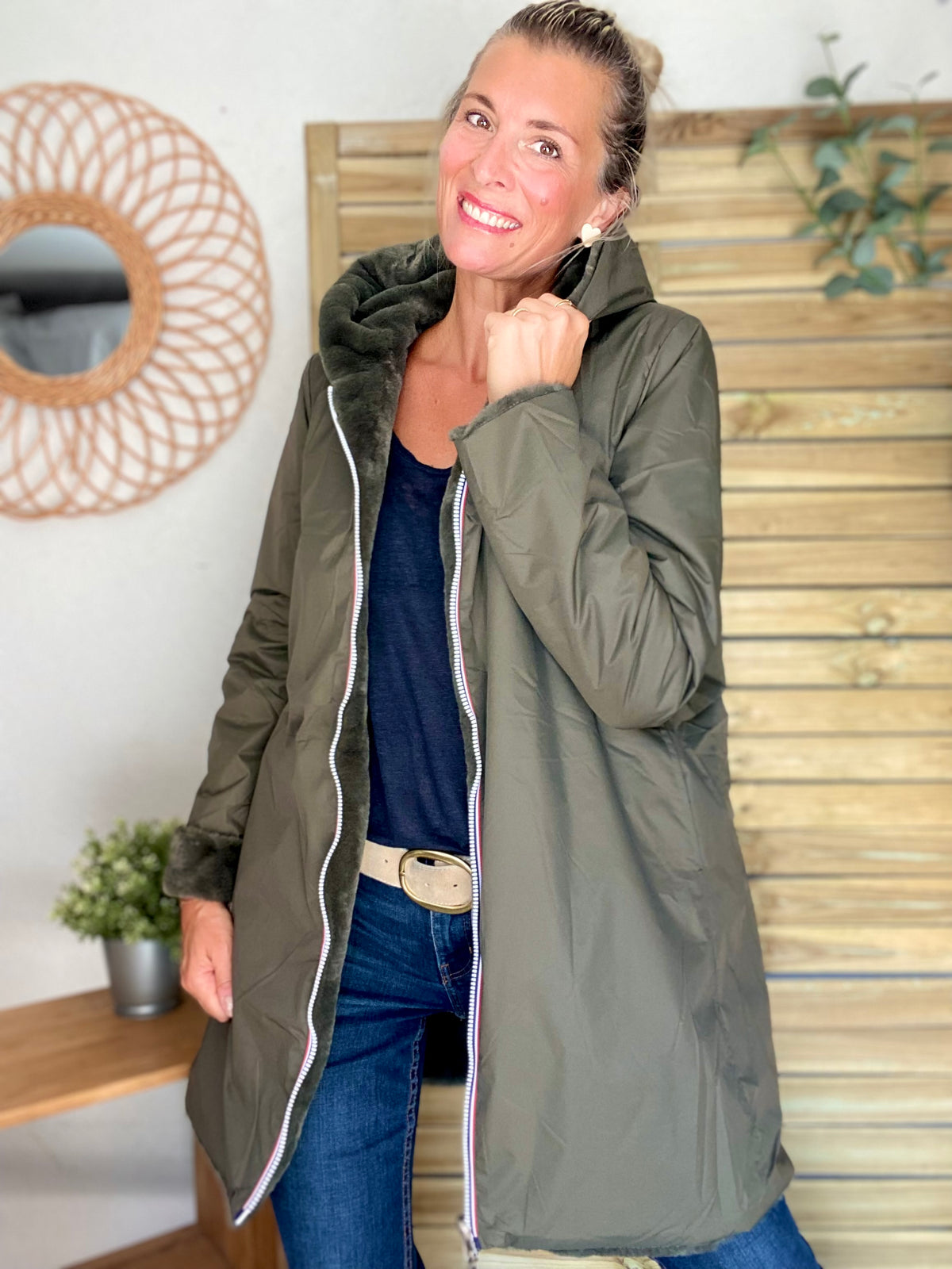 LAURA JO - Parka Imperméable réversible fourrée Kaki / Kaki ALIX Long • DÉSTOCKAGE sur Taille S