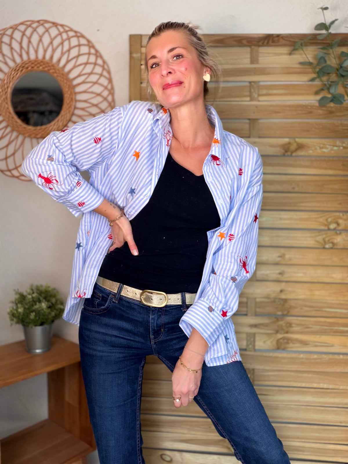Chemise bleue à rayures coquillages et crustacés - ELORY - FIN DE SÉRIE