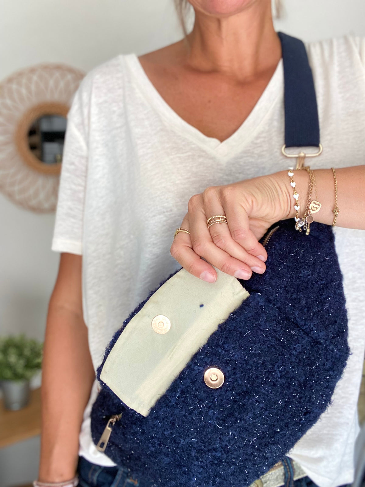 Sac banane XL moumoute lurex avec poche avant - CHELSEA - Marine - FIN DE SÉRIE