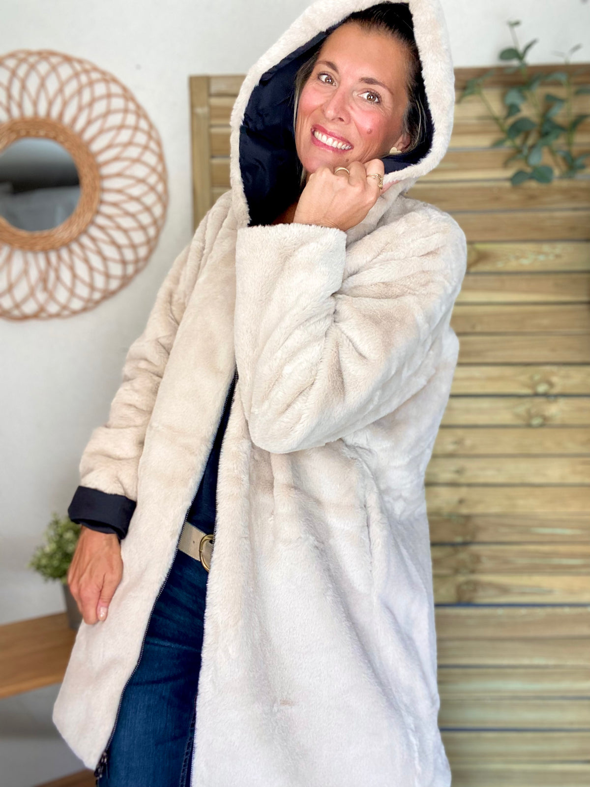 LAURA JO - Parka Imperméable réversible fourrée Noir / Beige ALIX long