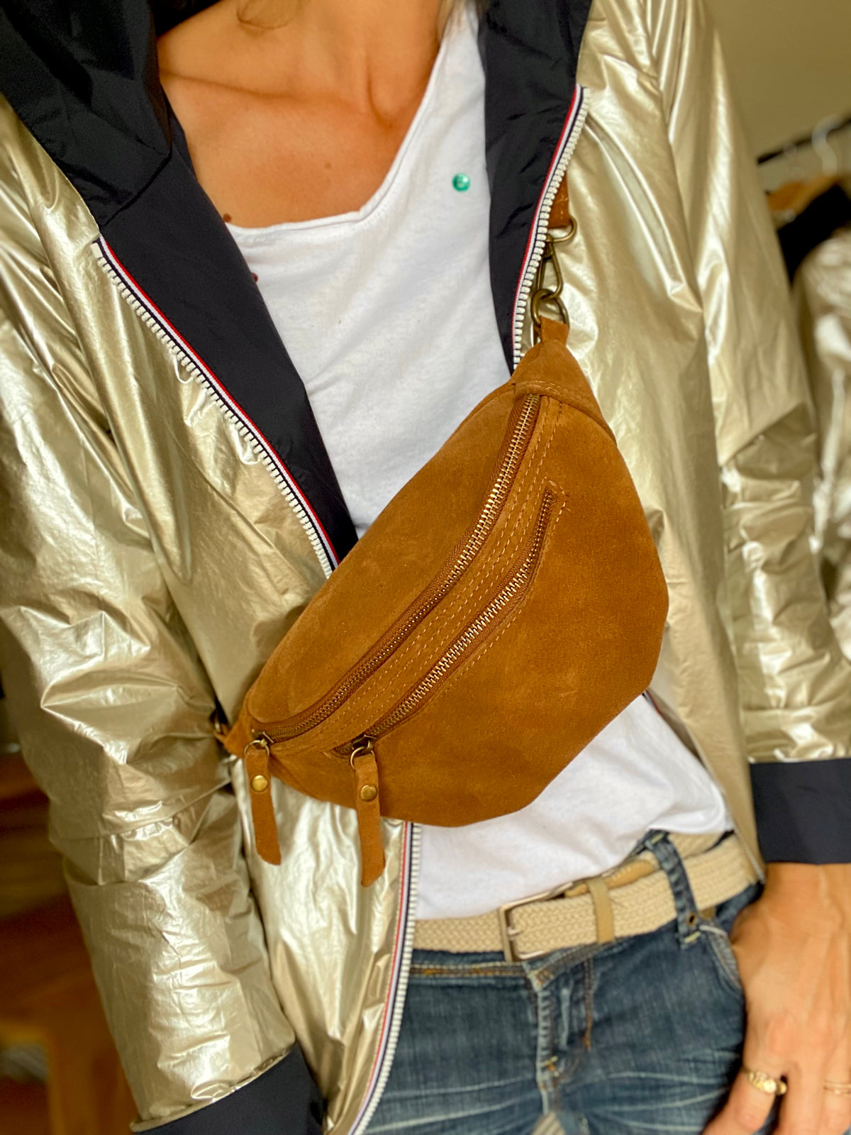 Sac banane double poche en cuir daim - OPALINE - Camel