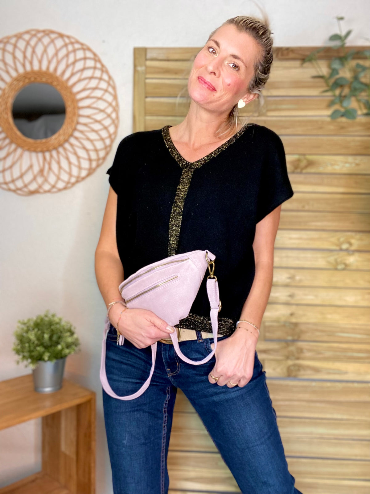 Sac banane double poche en cuir daim - OPALINE - Lilas