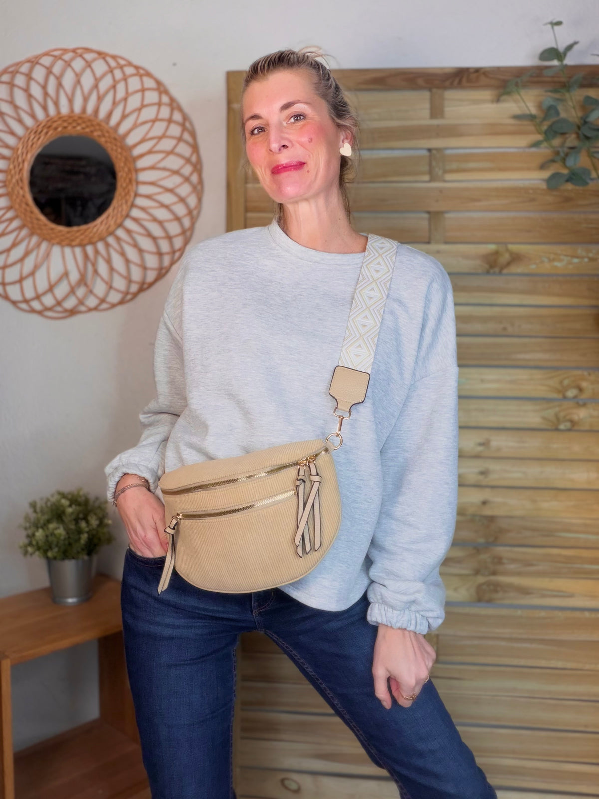 Sac banane en velours côtelé, sangle fantaisie - KATY - Camel clair - FIN DE SÉRIE