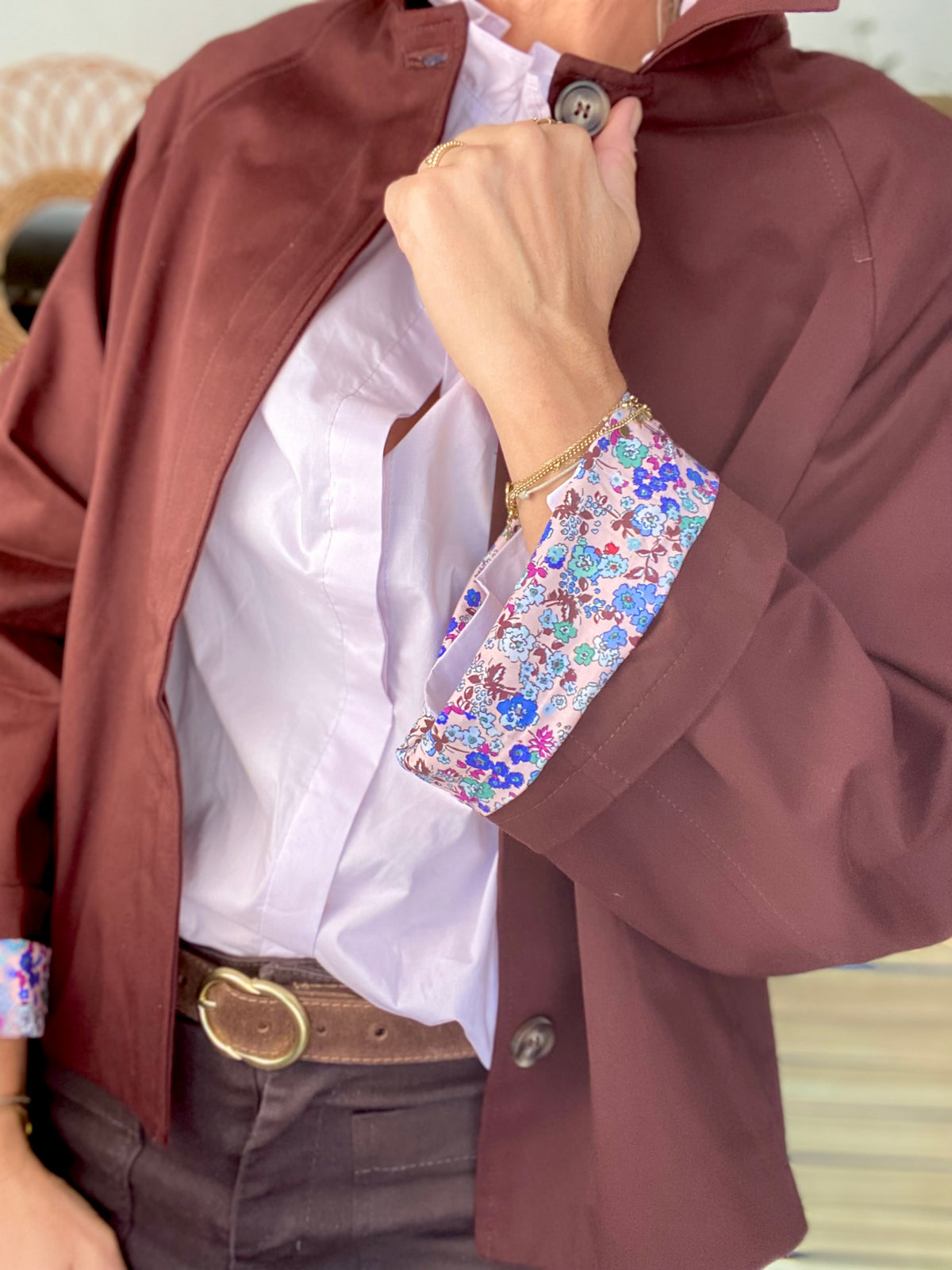 Veste Trench en coton bordeaux foncé avec Liberty - MAHAUT - LILI et LALA - FIN DE SÉRIE