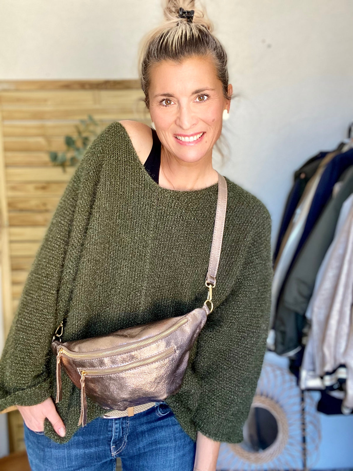 Sac banane en cuir irisé double poche - ERYN fronces - Bronze
