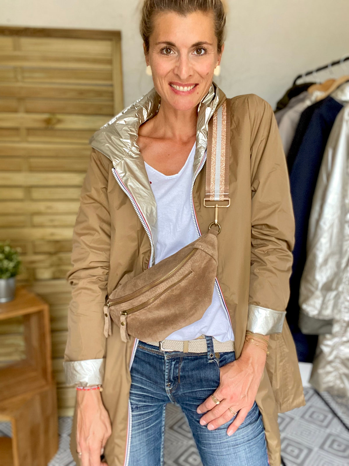 Sac banane double poche en cuir daim - OPALINE - Taupe