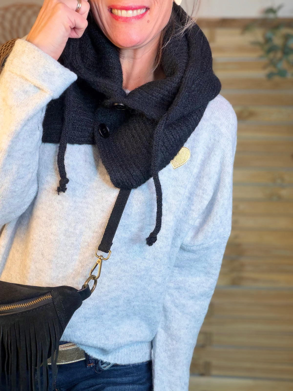 Col cagoule LORIE en maille avec boutons - Noir