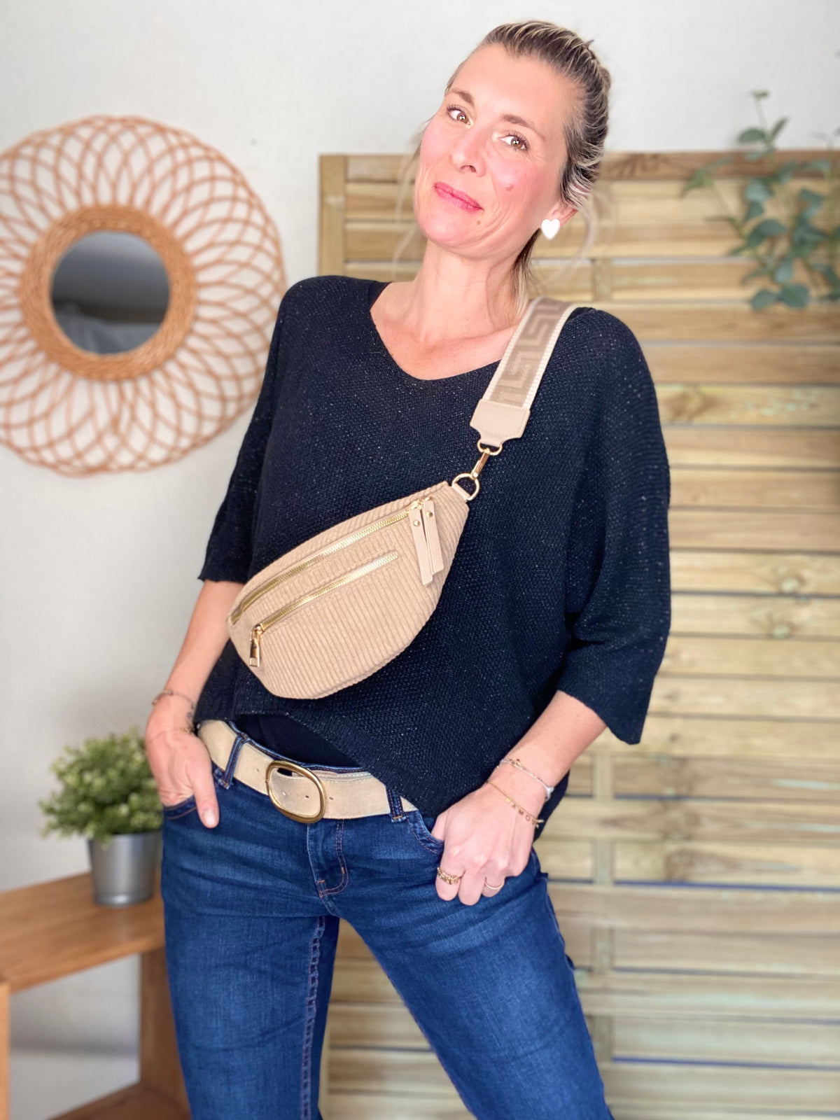 Sac banane en velours côtelé 2 zips et sangle fantaisie - CHARLY - Beige taupe (côtelé large)