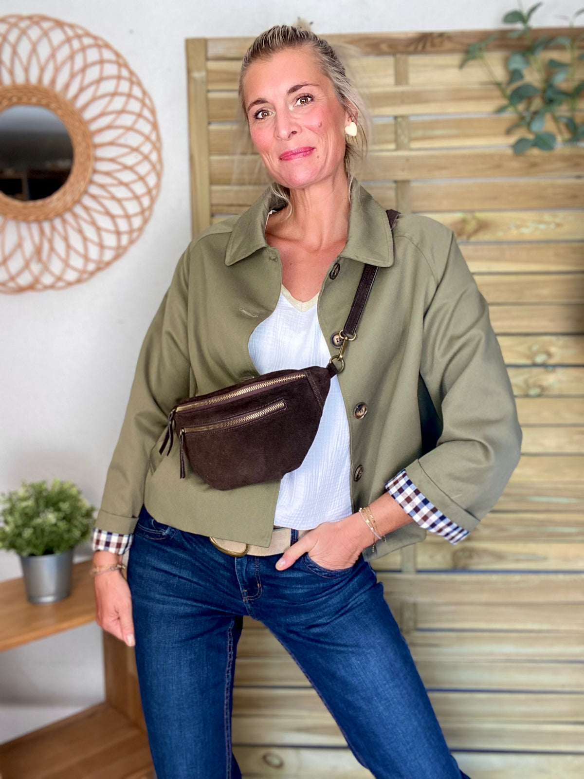 Veste Trench en coton, revers carreaux - YSEULT court Kaki