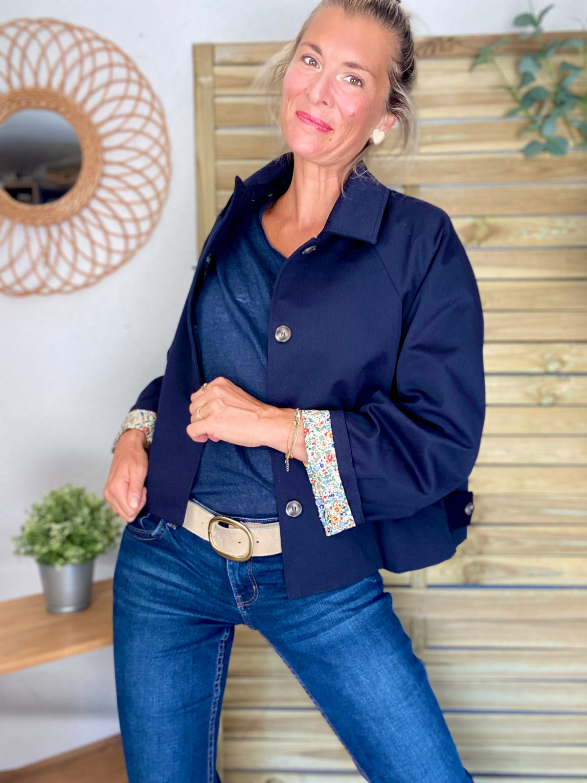 Veste Trench en coton bleu marine avec Liberty - MAHAUT- LILI et LALA