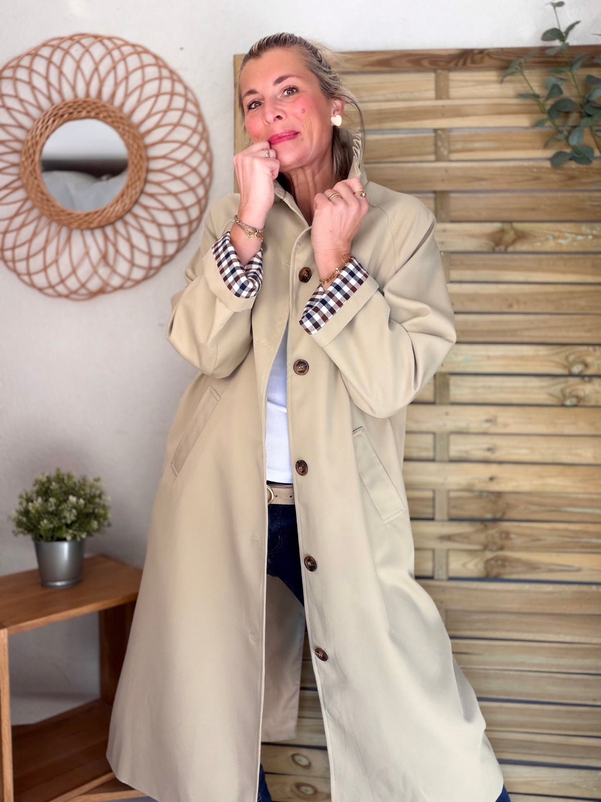 Veste Trench col victorien, revers carreaux - VICKY LONG Beige