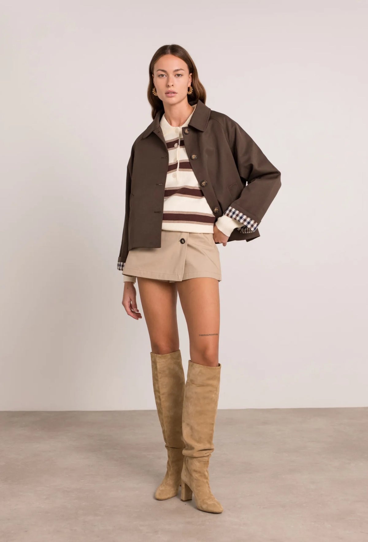 Veste Trench en coton, revers carreaux - YSEULT court Chocolat