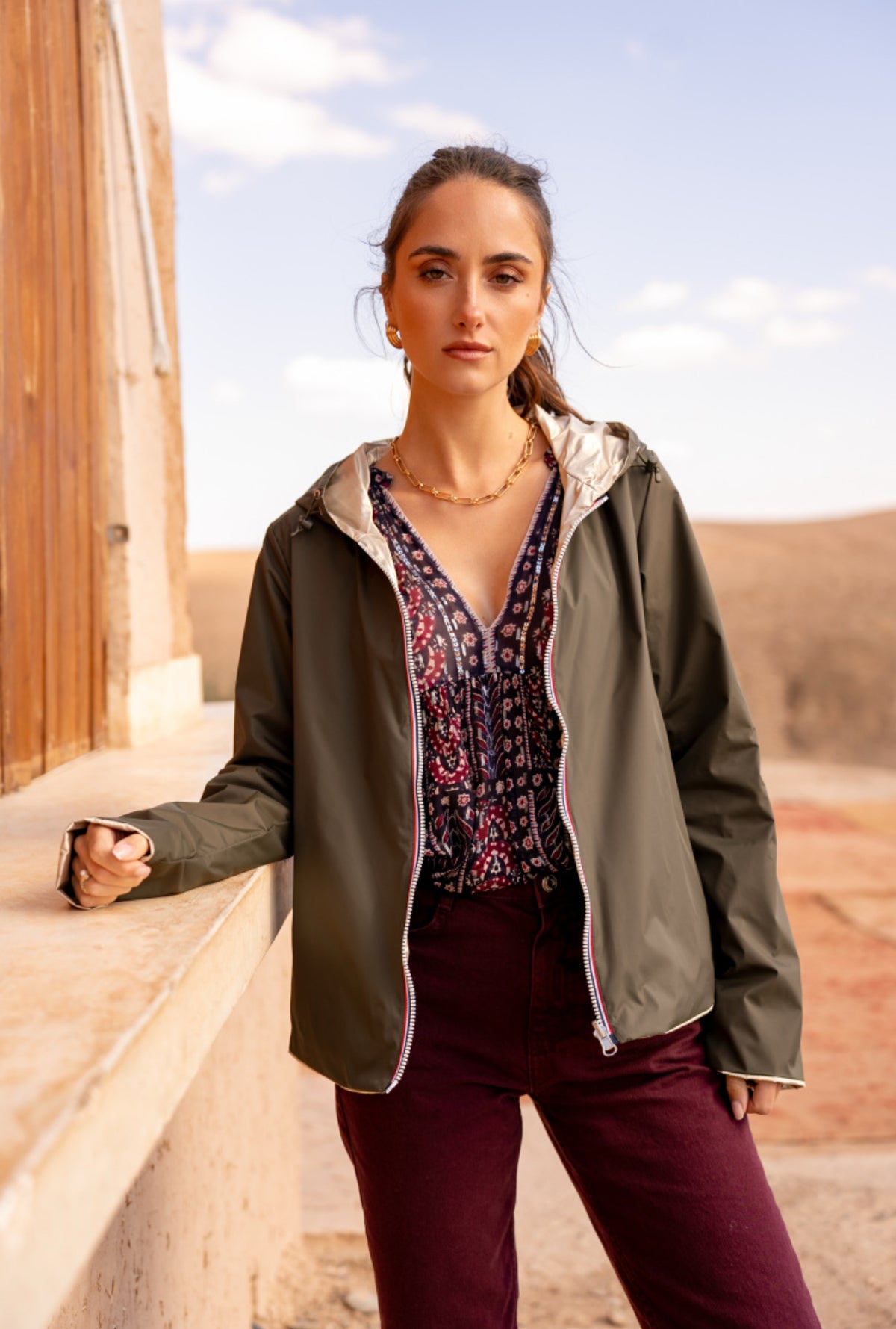 LAURA JO - Imperméable réversible léger GARANCE COURT - Kaki/Doré (DÉSTOCKAGE sur Taille XL et 4XL)
