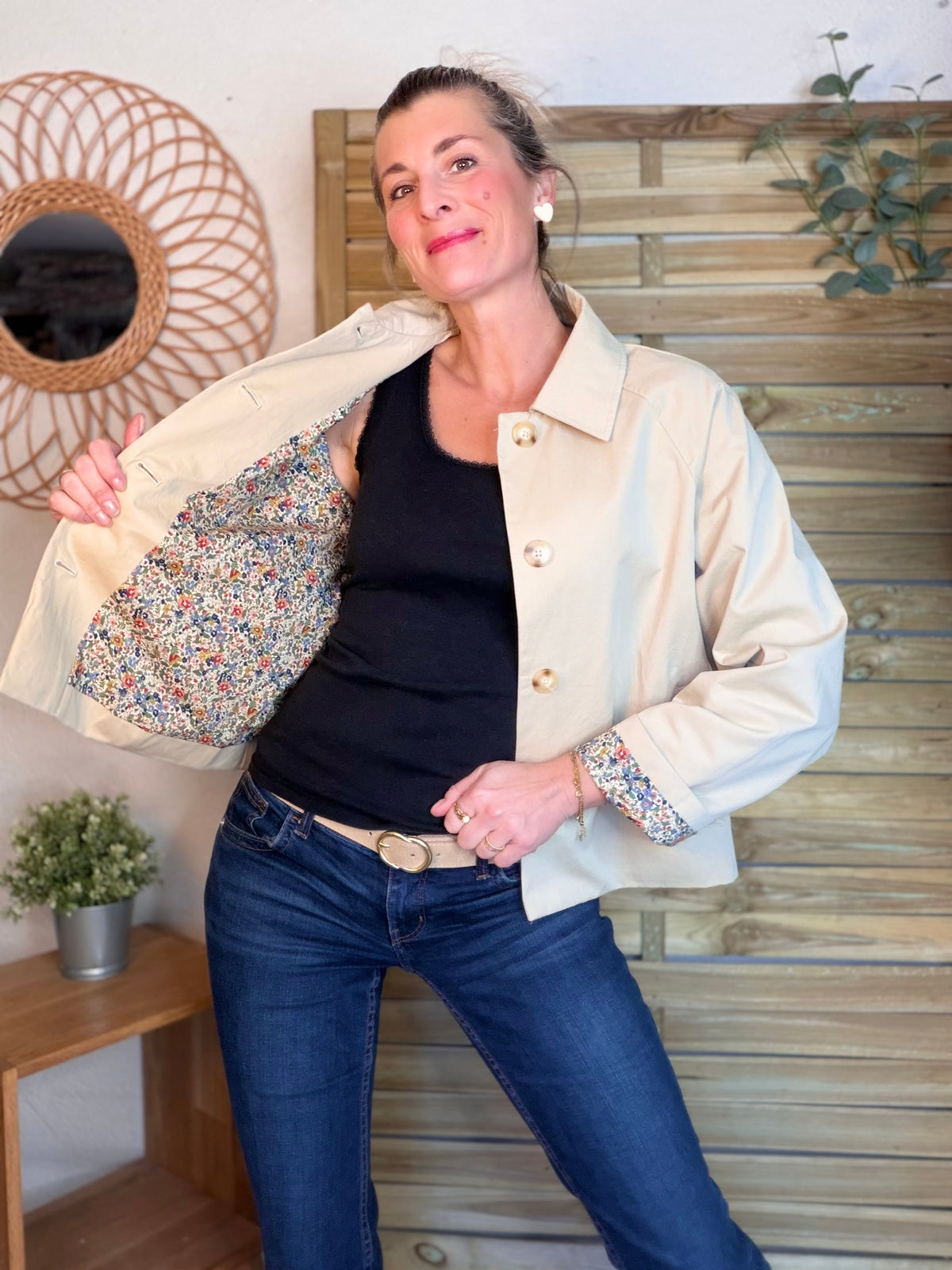 Veste Trench en coton beige avec Liberty - MARION (Taille 2 ans à la Taille XL)