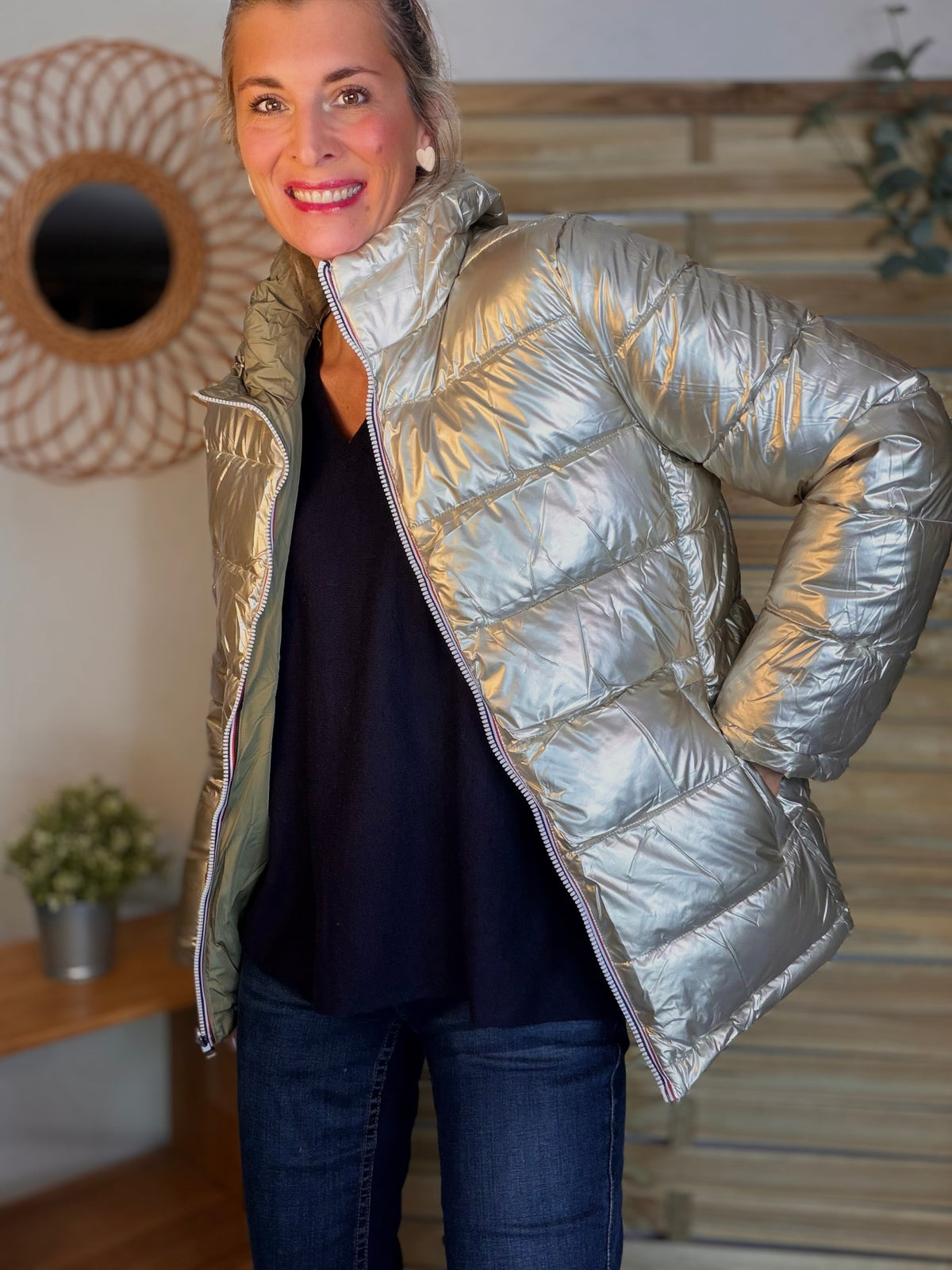 Doudoune imperméable réversible ANGÈLE COURT - Kaki clair - MELYA MELODY (DÉSTOCKAGE sur Taille S)