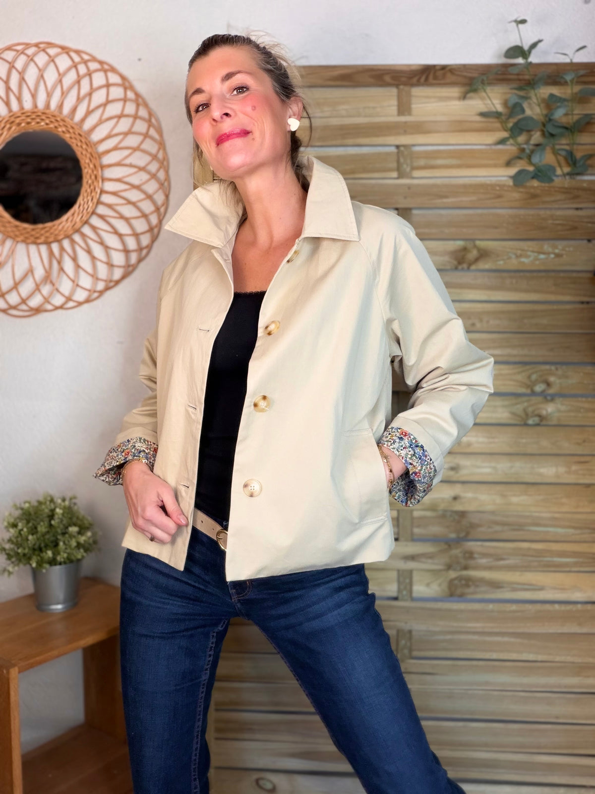Veste Trench en coton beige avec Liberty - MARION (Taille 2 ans à la Taille XL)